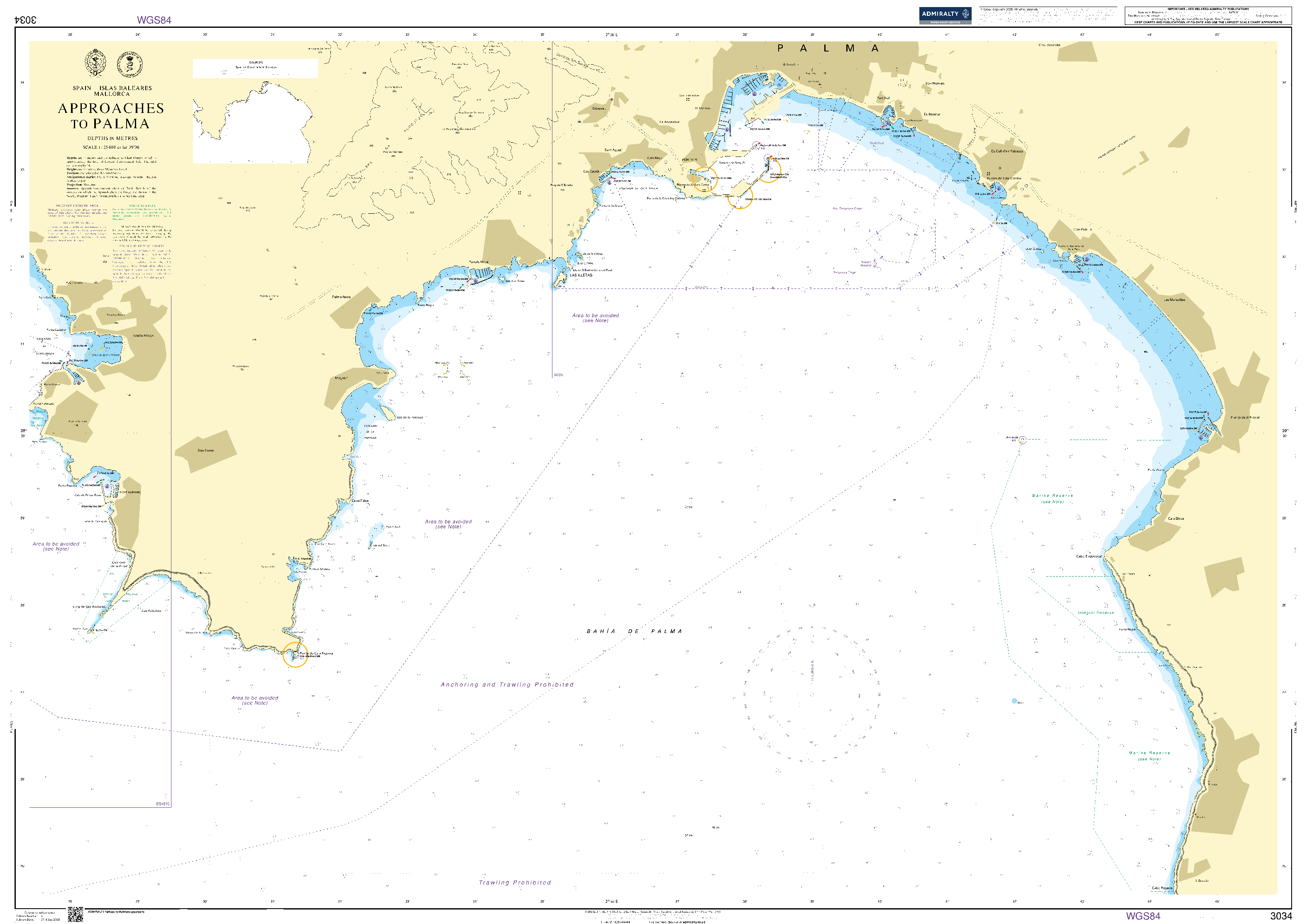 British Admiralty Nautical Chart  3034: Spain - Islas Baleares, Mallorca, Approaches to Palma