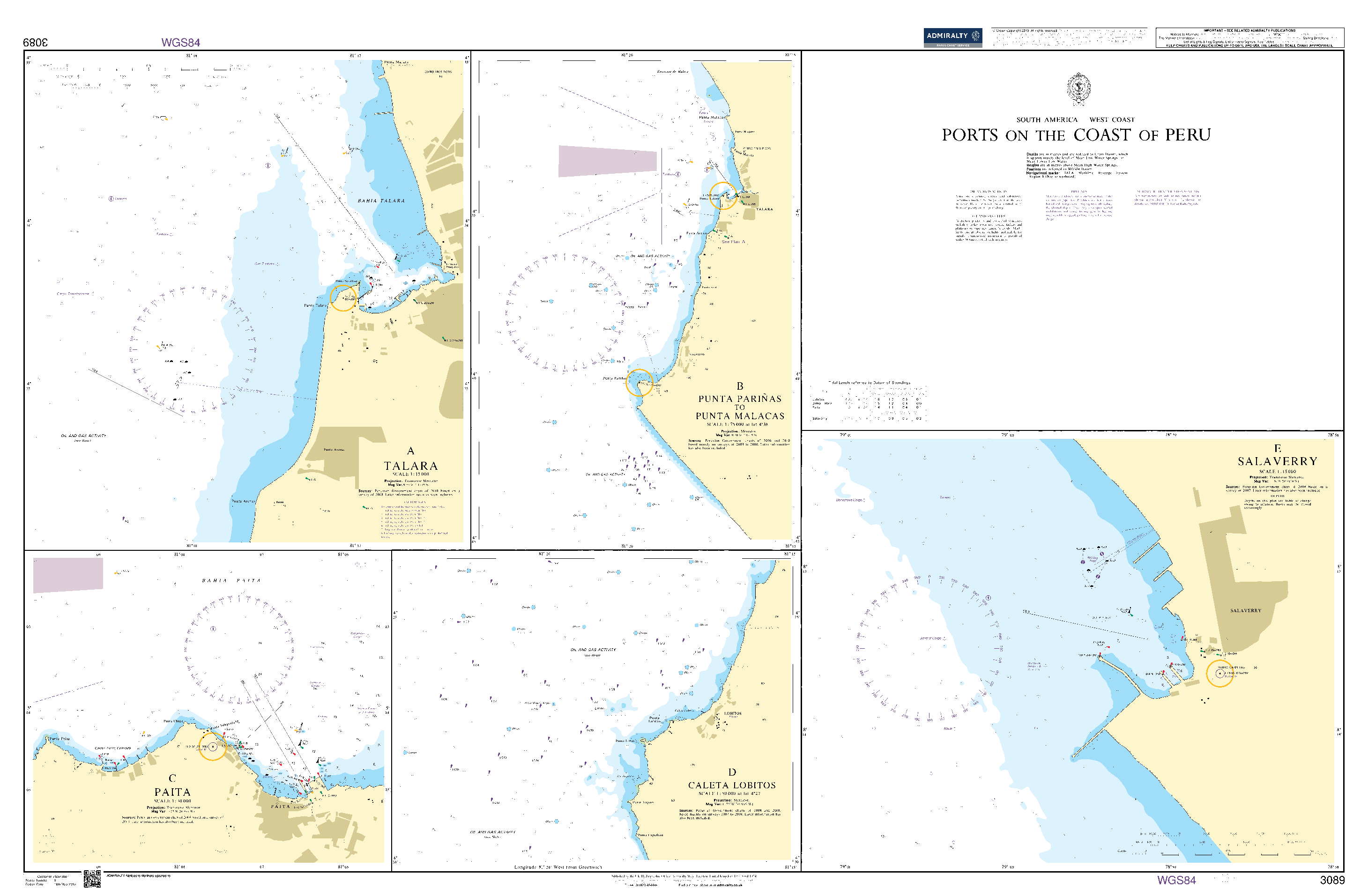 British Admiralty Nautical Chart 3089: Ports on the Coast of Peru