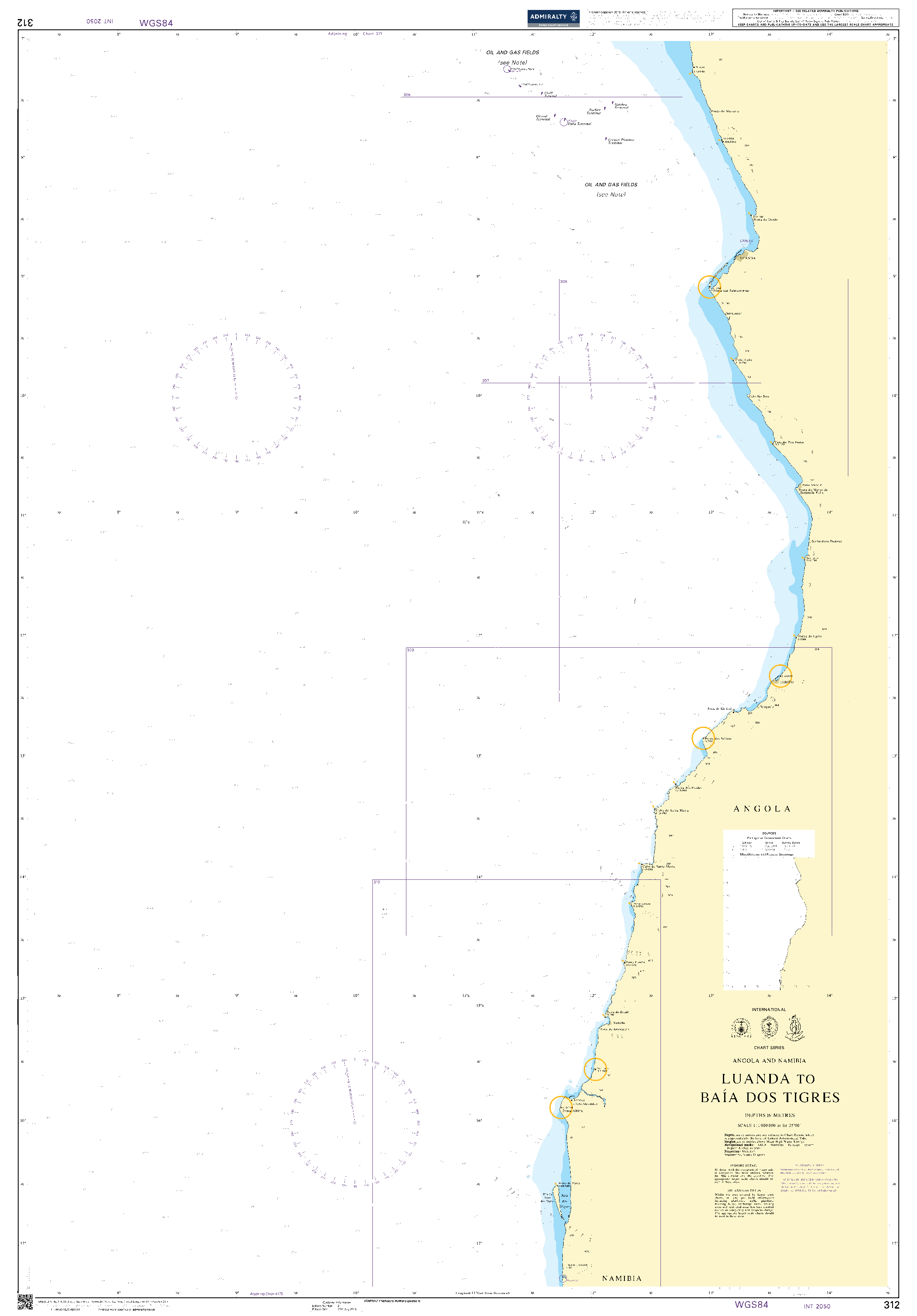 British Admiralty Nautical Chart 312: Luanda to Baia dos Tigres
