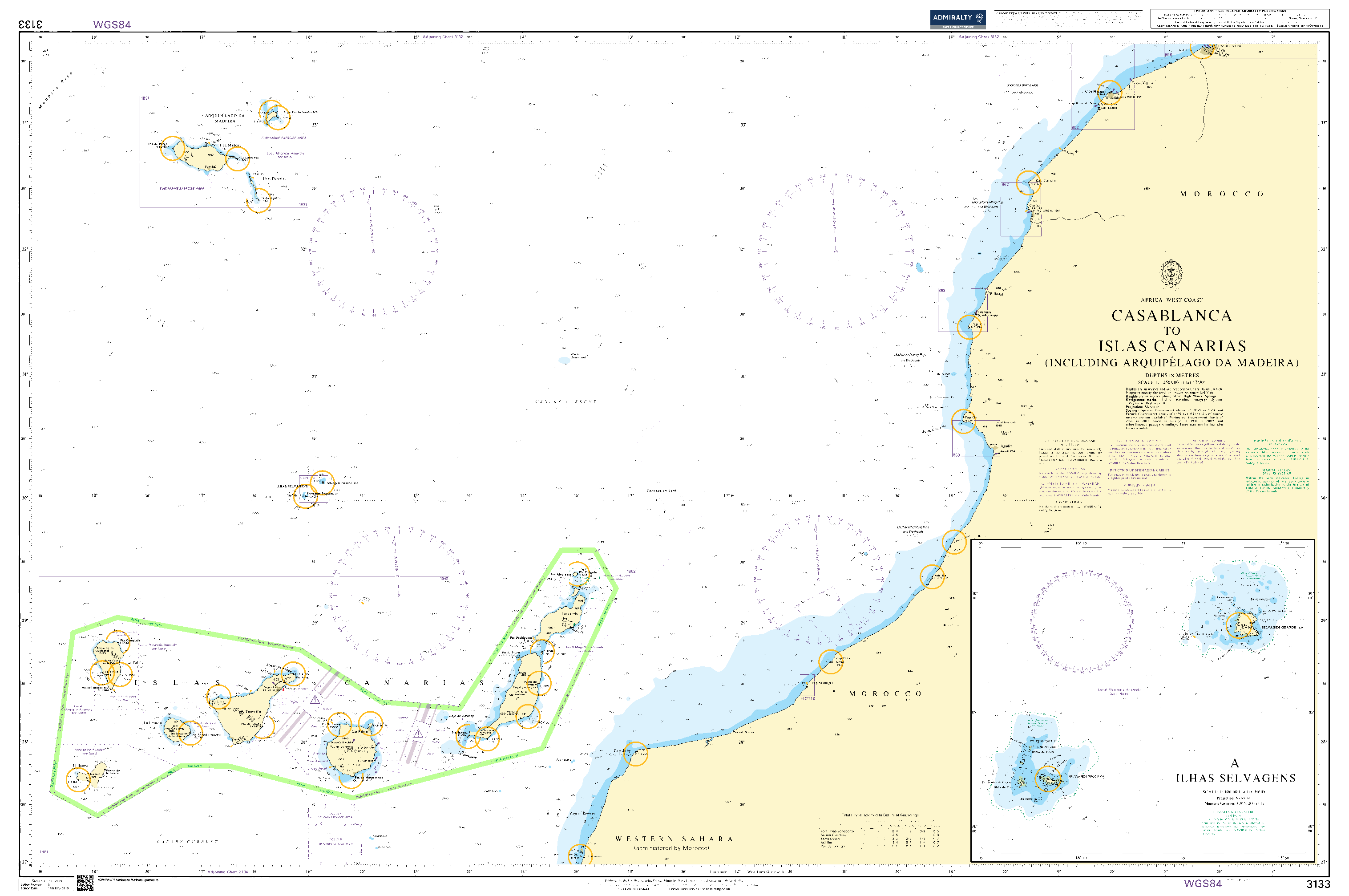 British Admiralty Nautical Chart 3133: Casablanca to Islas Canarias (Including Arquipelago da Madeira)
