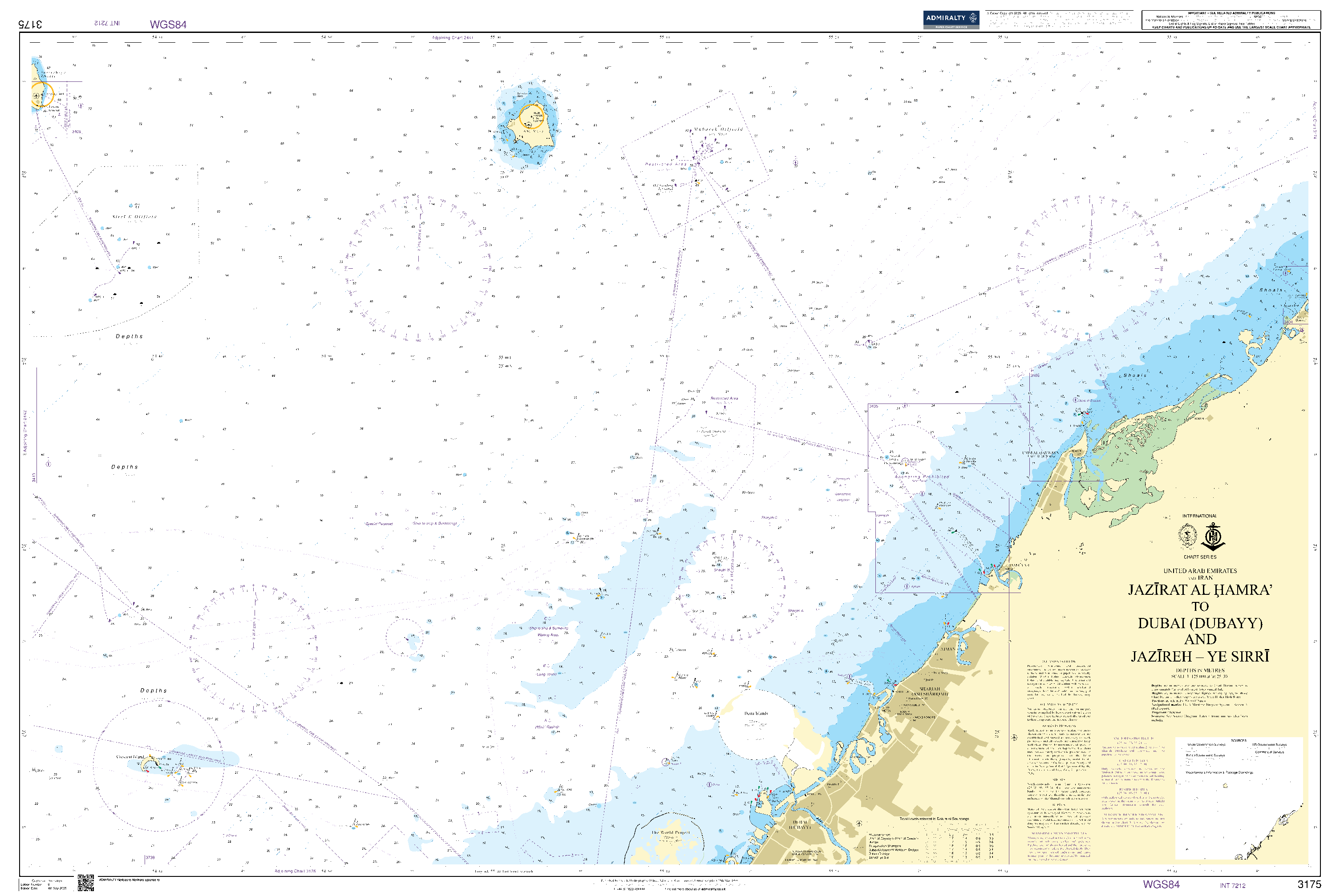 British Admiralty Nautical Chart 3175: United Arab Emirates and Iran, Jazīrat Al Hamra’ to Dubai (Dubayy) and Jazīreh - Ye Sirrī