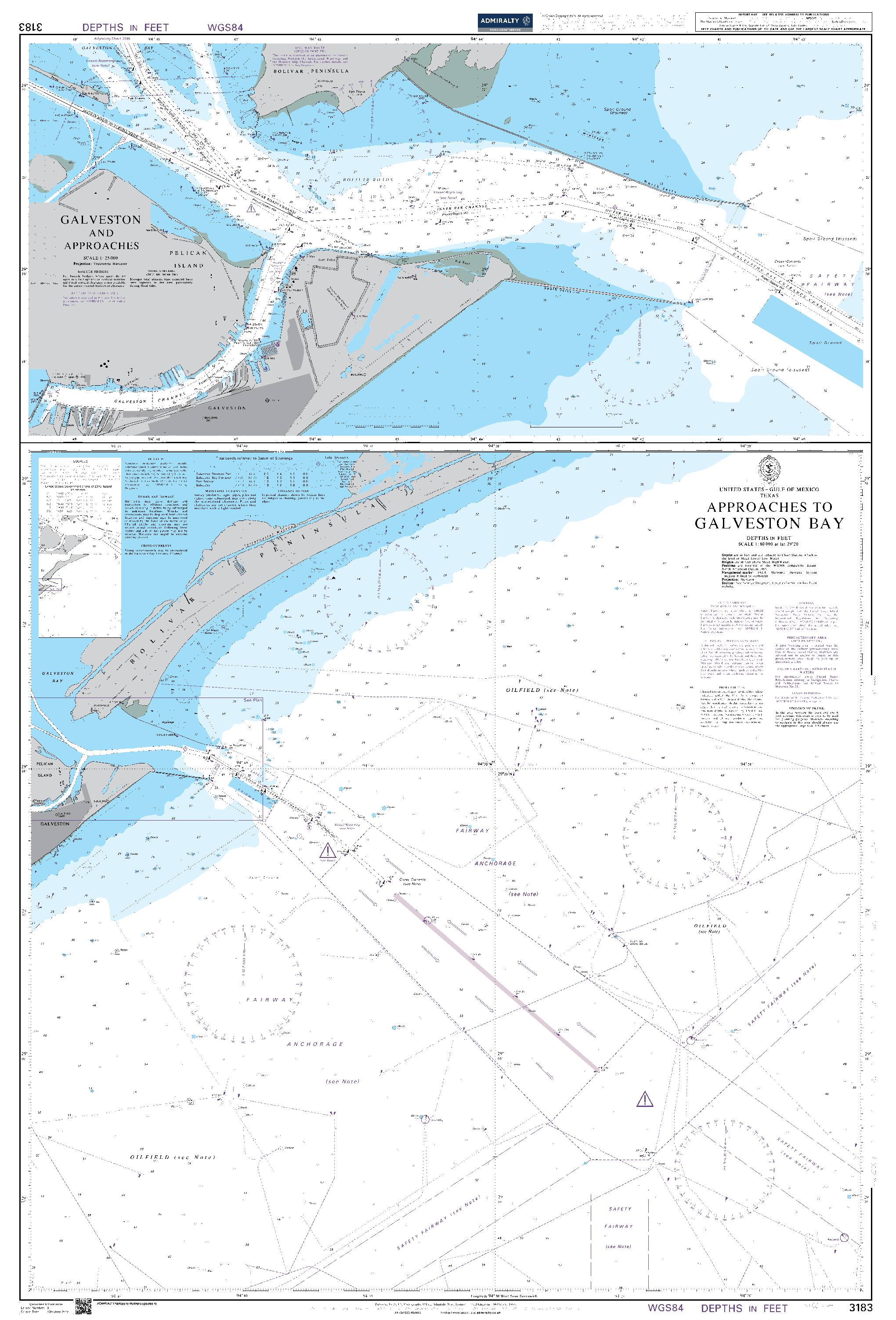 British Admiralty Nautical Chart  3183: United States – Gulf of Mexico, Texas, Approaches to Galveston Bay