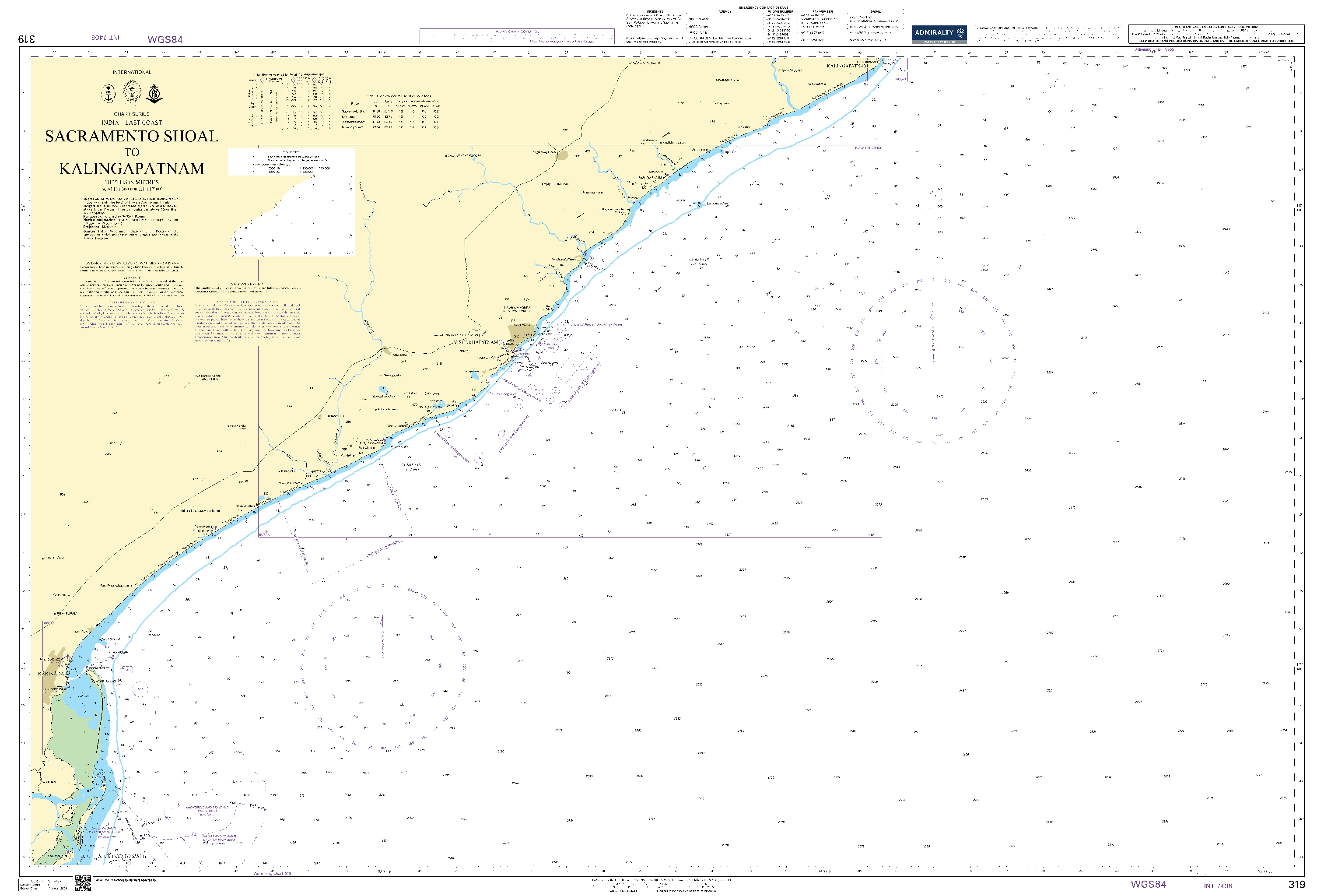 British Admiralty Nautical Chart 319: Sacramento Shoal to Kalingapatnam