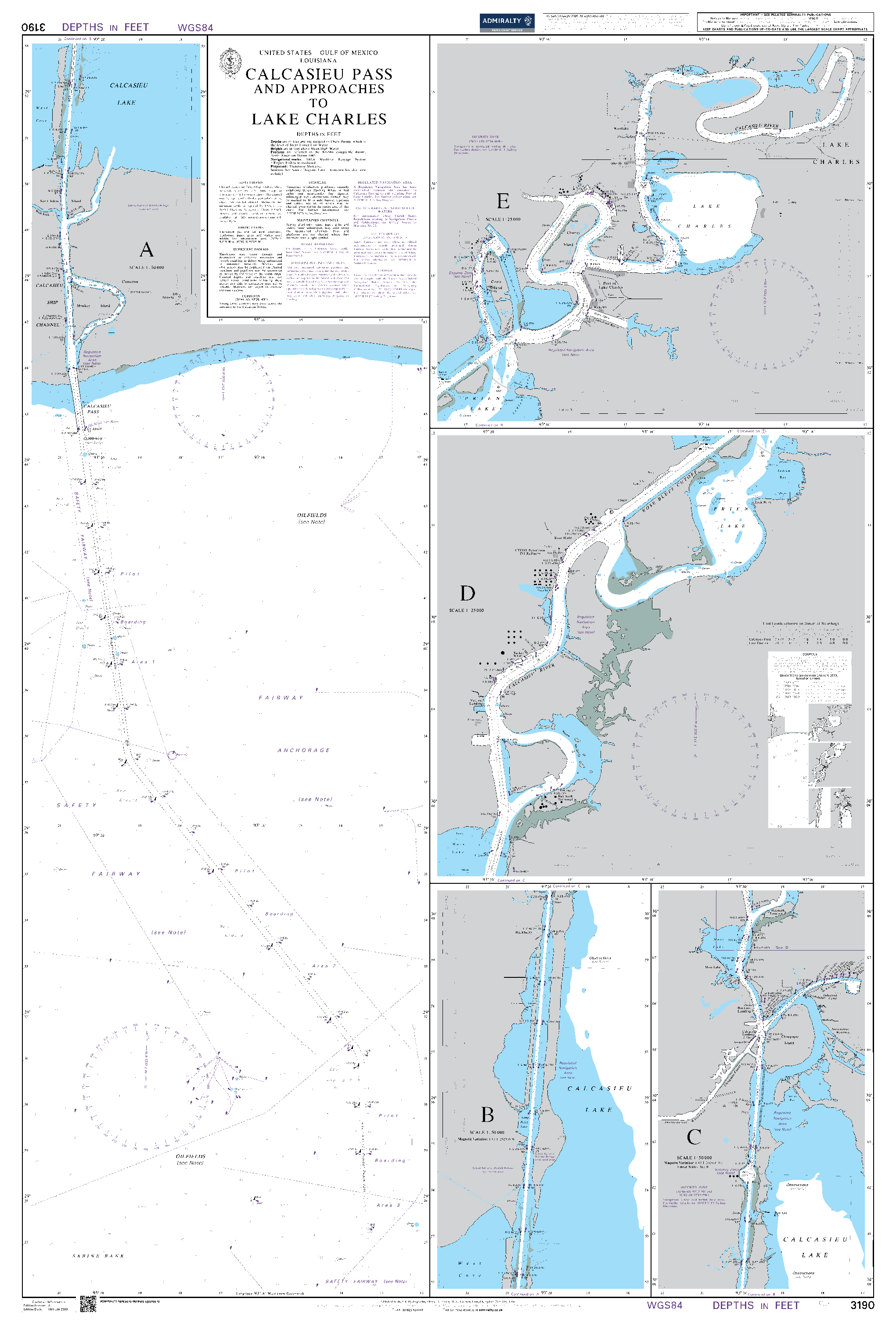 British Admiralty Nautical Chart 3190: United States – Gulf of Mexico, Louisiana, Calcasieu Pass and Approaches to Lake Charles