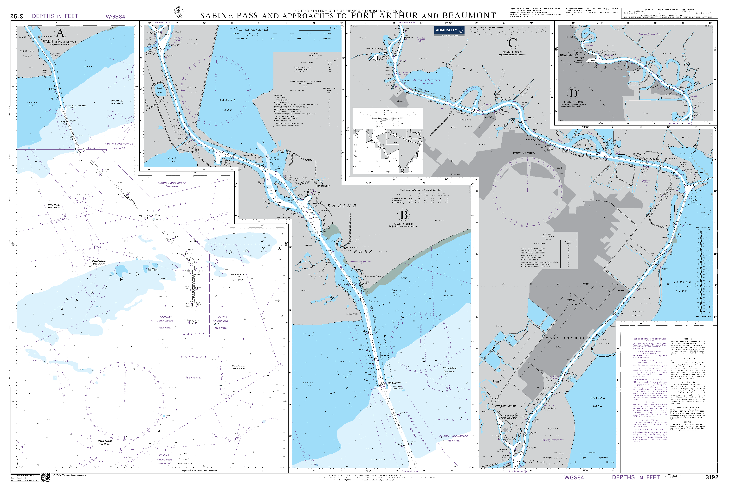 British Admiralty Nautical Chart 3192: United States - Gulf of Mexico - Louisiana - Texas, Sabine Pass and Approaches to Port Arthur and Beaumont