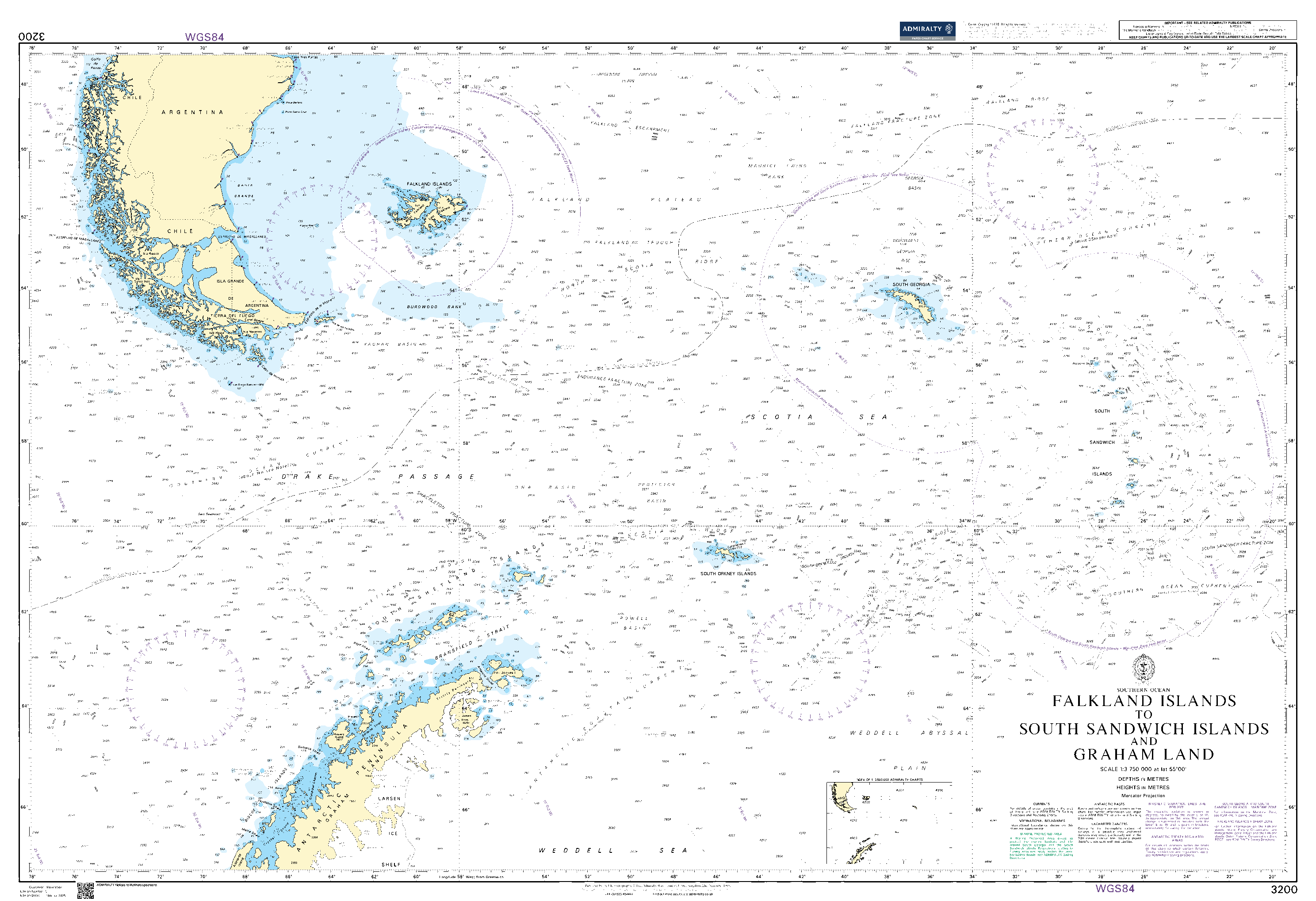 British Admiralty Nautical Chart 3200: Falkland Islands to South Sandwich Islands and Graham Land
