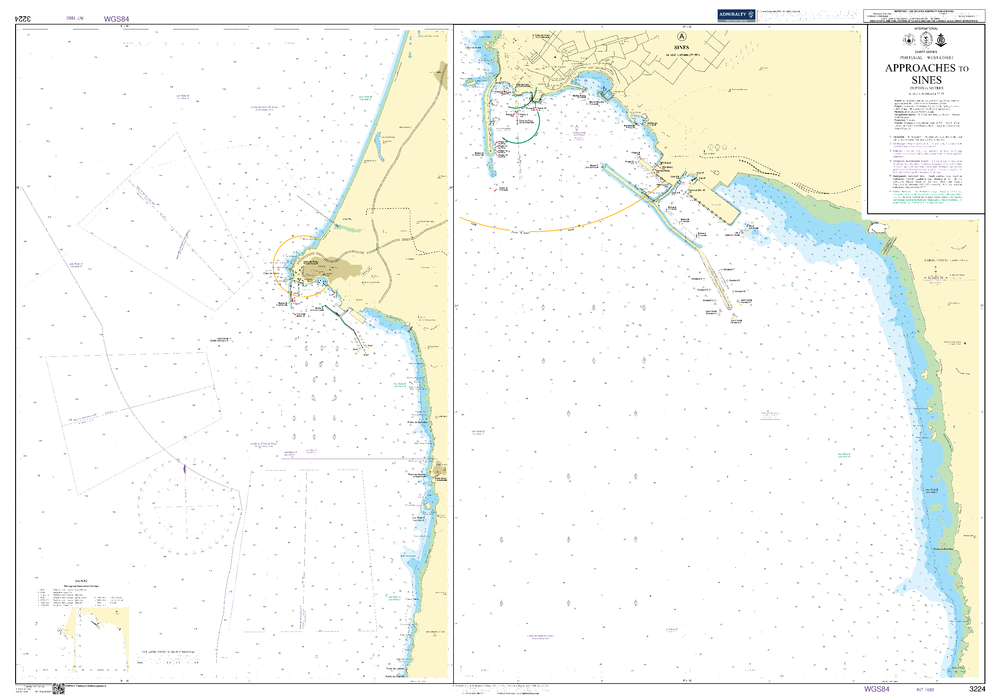 British Admiralty Nautical Chart 3224: Portugal – West Coast, Approaches to Sines