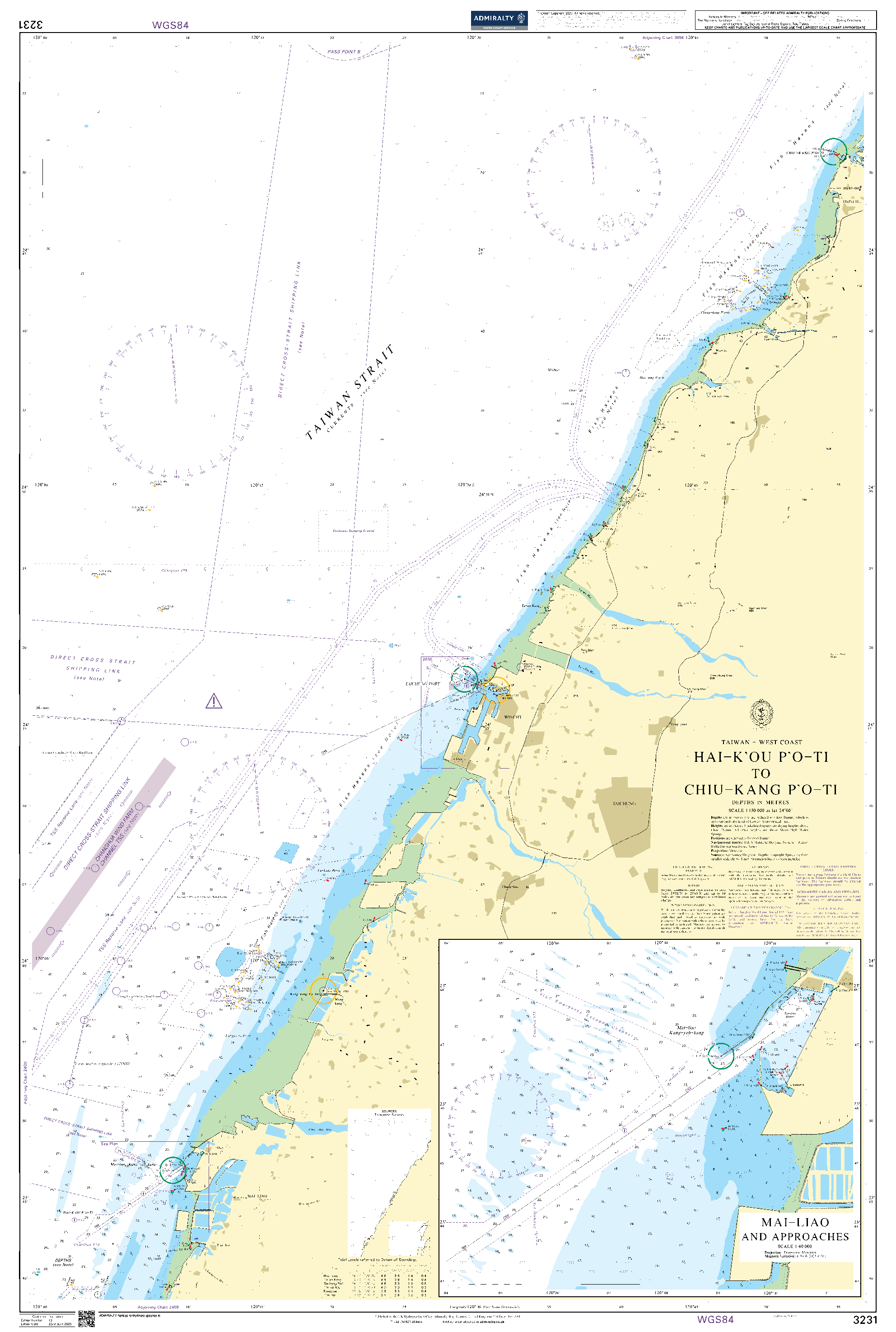 British Admiralty Nautical Chart 3231: Taiwan - West Coast, Hai-K'ou P'o-Ti to Chiu-Kang P'o-Ti