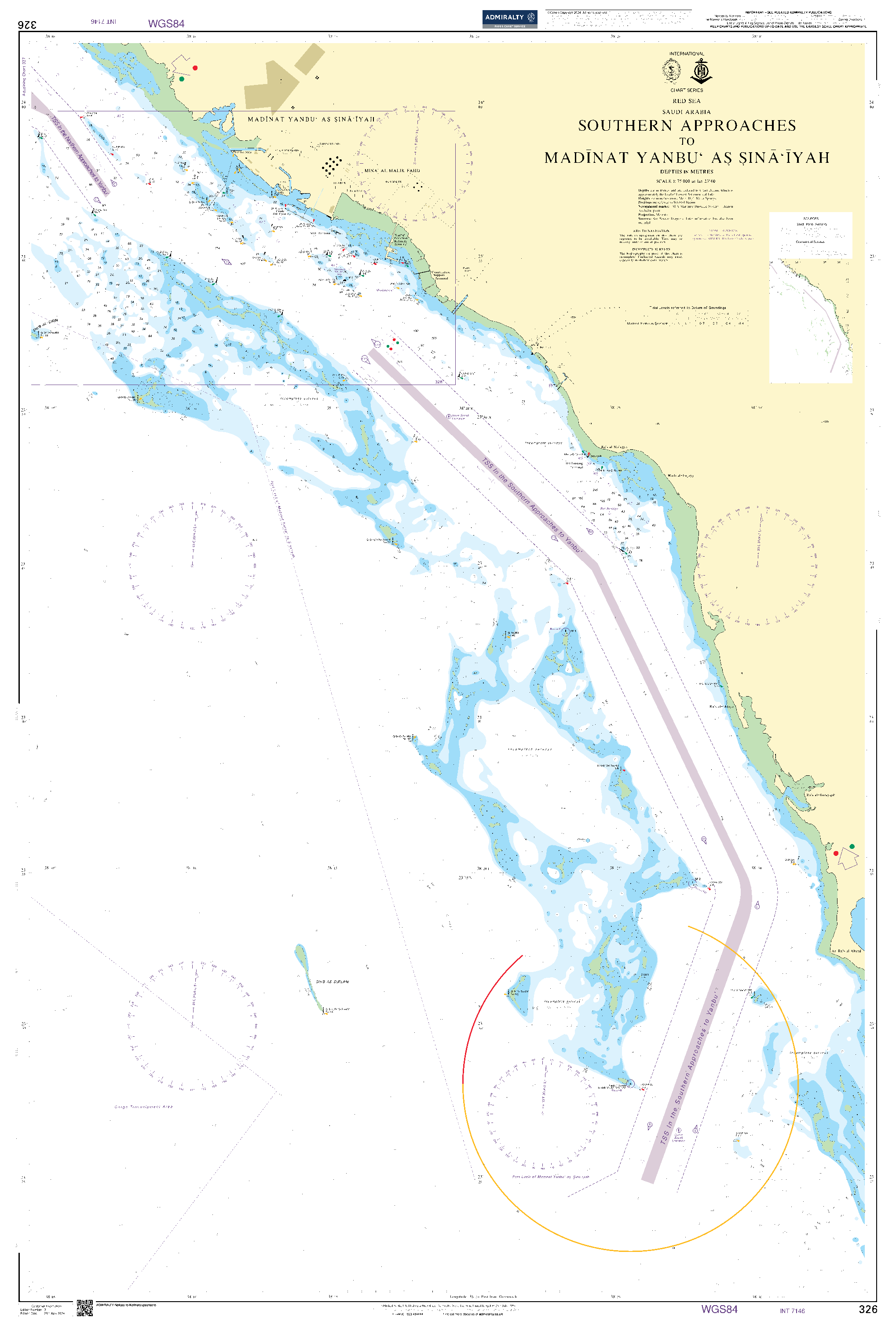 British Admiralty Nautical Chart  326: Southern Approaches to Madinat Yanbu` As Sina `Iyah
