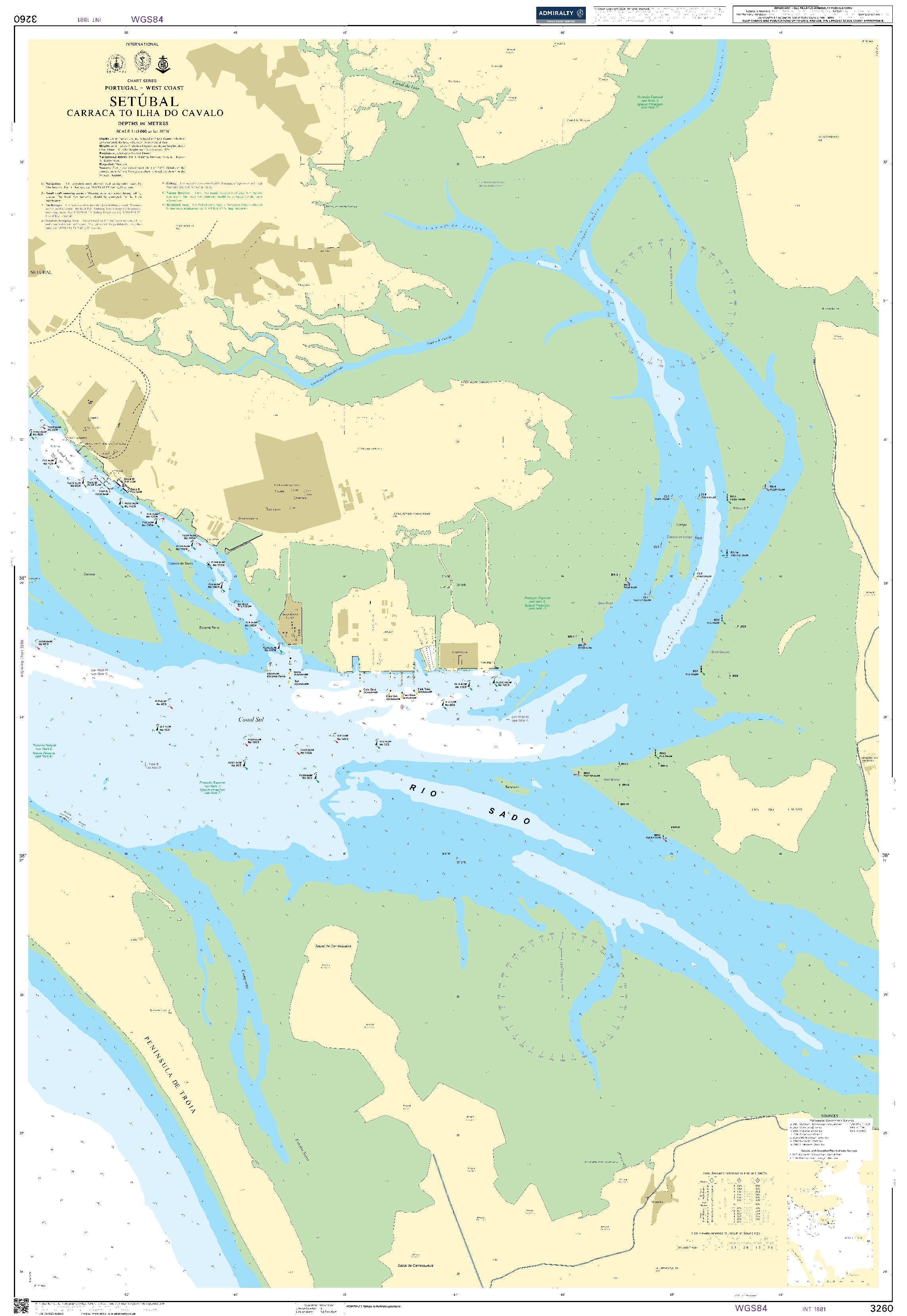 British Admiralty Nautical Chart 3260: Setubal Carraca to Ilha do Cavalo