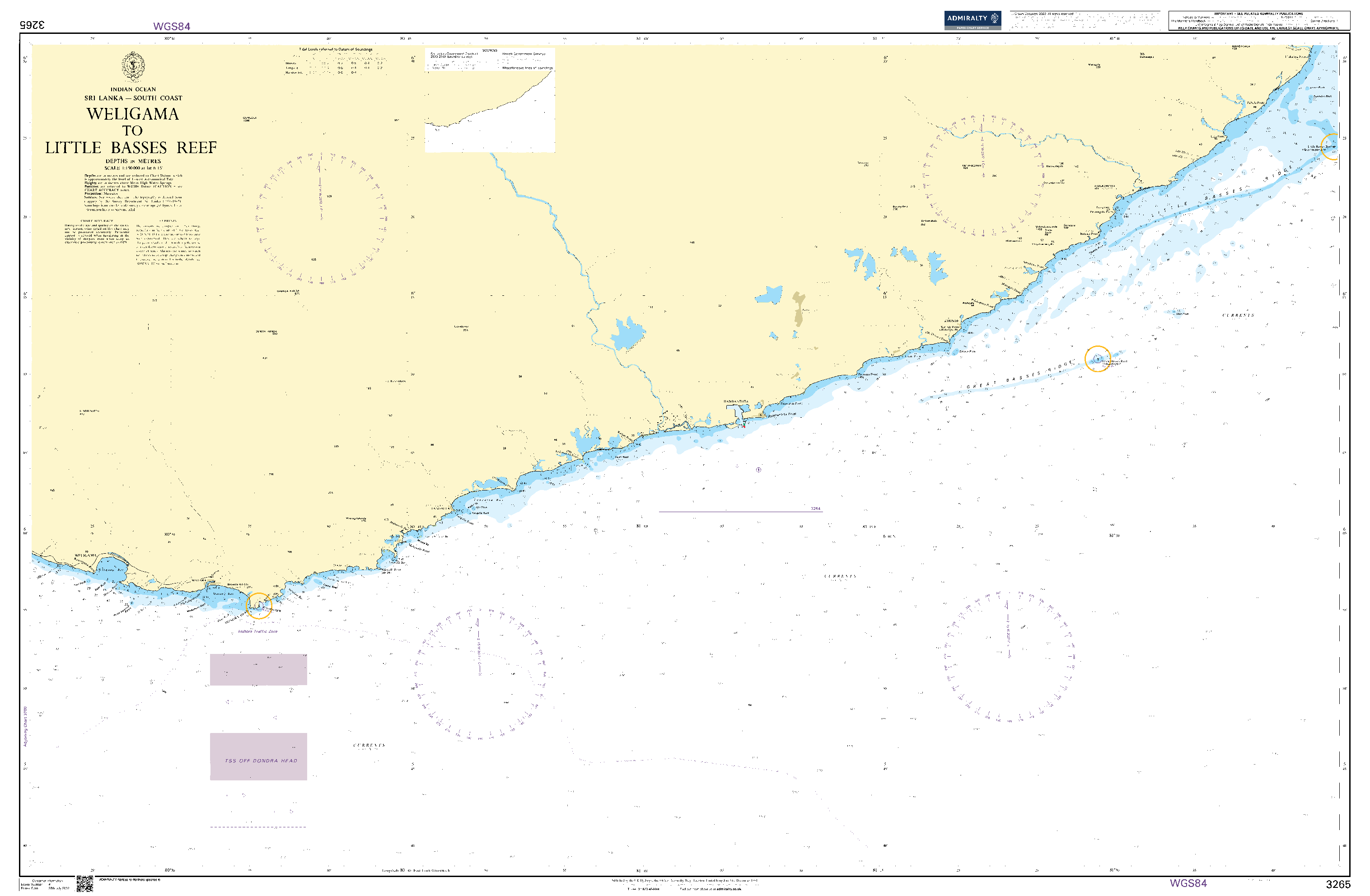 British Admiralty Nautical Chart 3265: Indian Ocean, Sri Lanka – South Coast, Weligama to Little Basses Reef