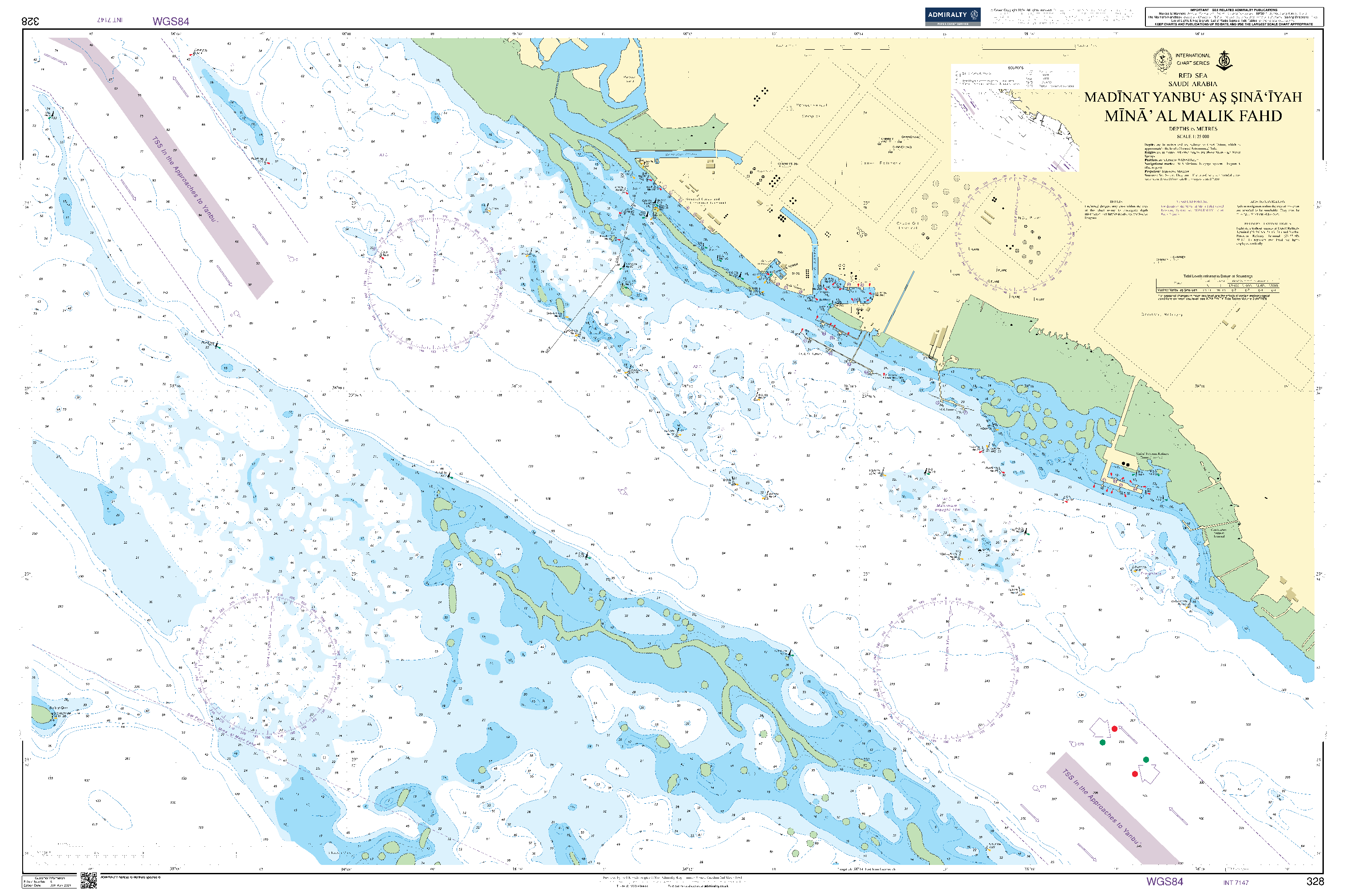 British Admiralty Nautical Chart 328: Red Sea, Saudi Arabia, Madinat Yanbu` as Sina`iyah, Mina' al Malik Fahd