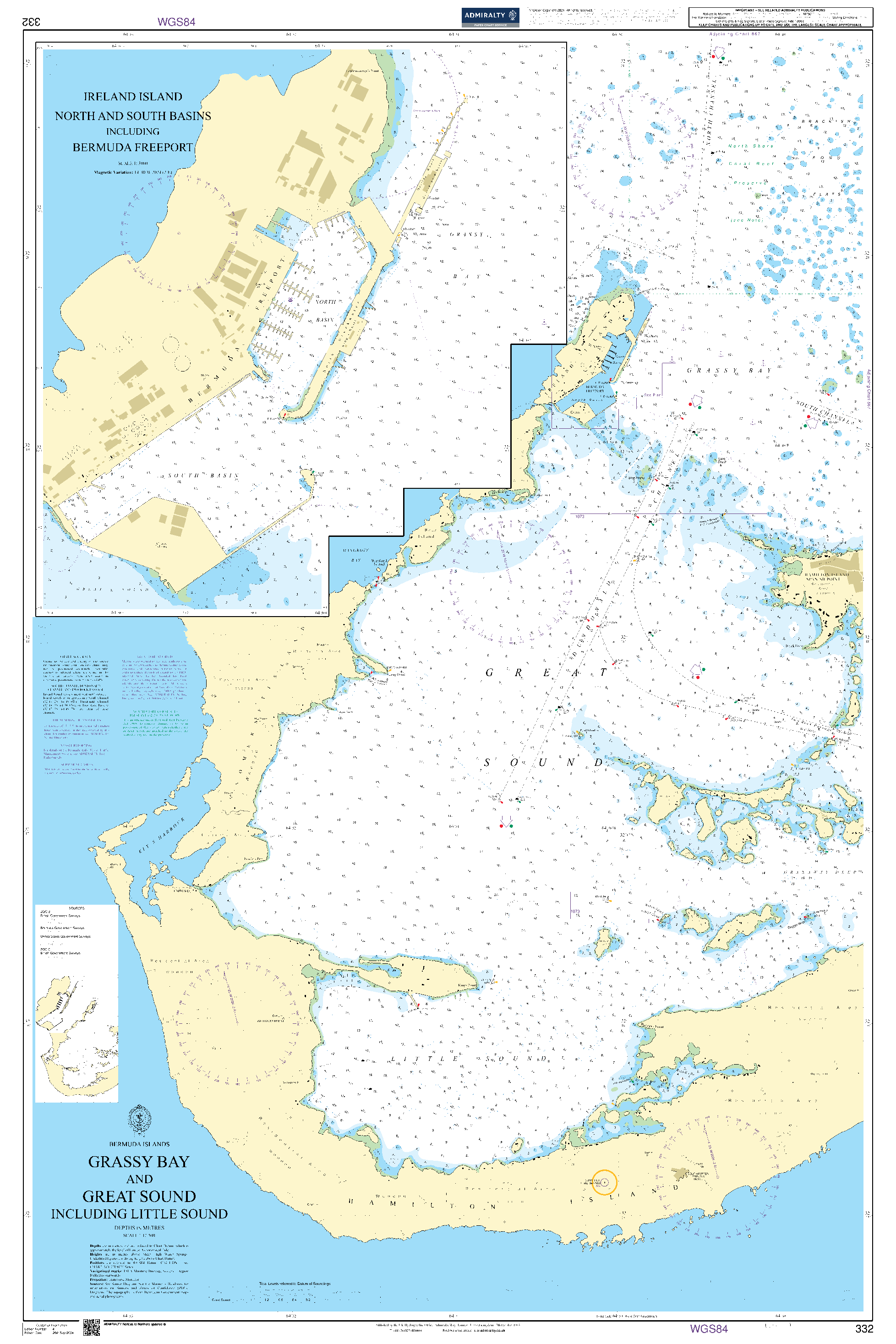 British Admiralty Nautical Chart 332: Bermuda Islands, Grassy Bay and Great Sound including Little Sound