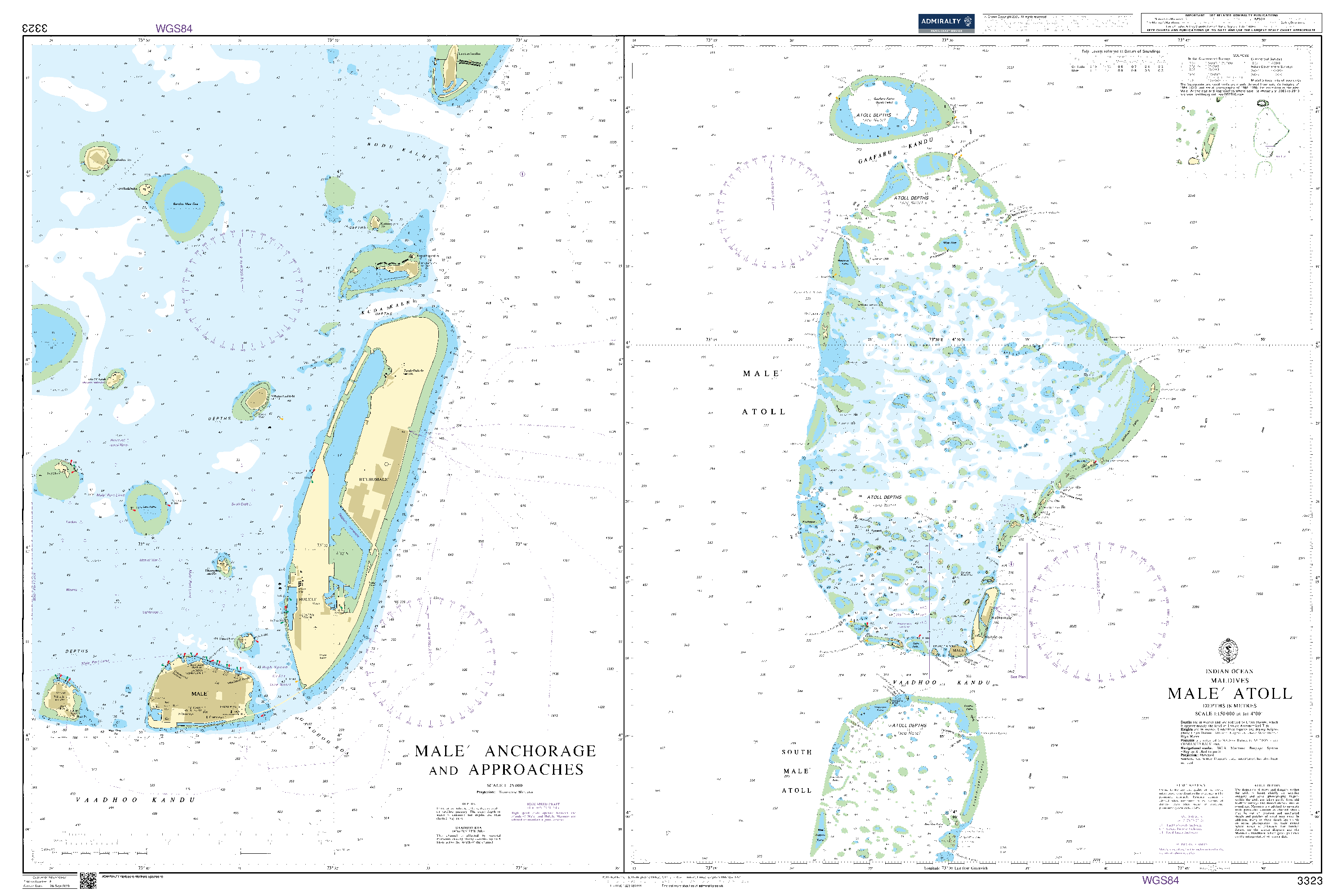 British Admiralty Nautical Chart 3323: Indian Ocean, Maldives, Male´ Atoll. Male´ Anchorage and Approaches