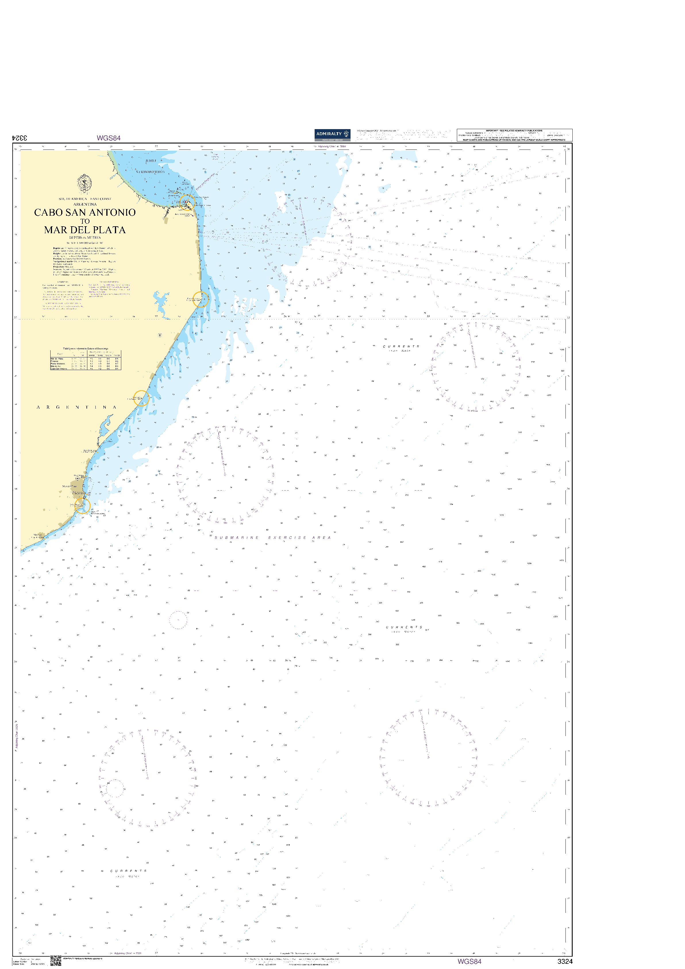 British Admiralty Nautical Chart 3324: South America - East Coast – Argentina, Cabo San Antonio to Mar del Plata