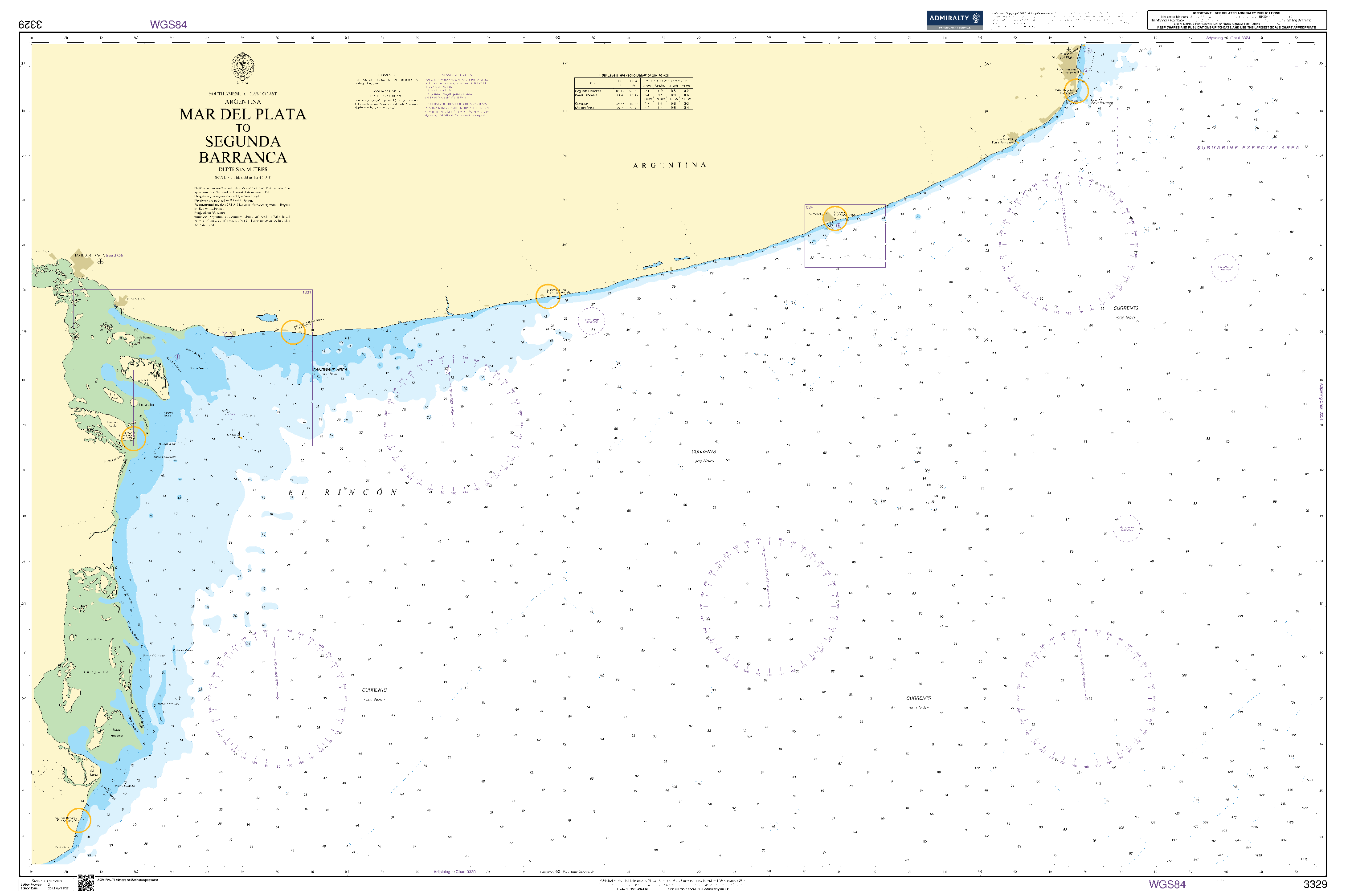 British Admiralty Nautical Chart 3329: South America - East Coast Argentina, Mar del Plata to Segunda Barranca