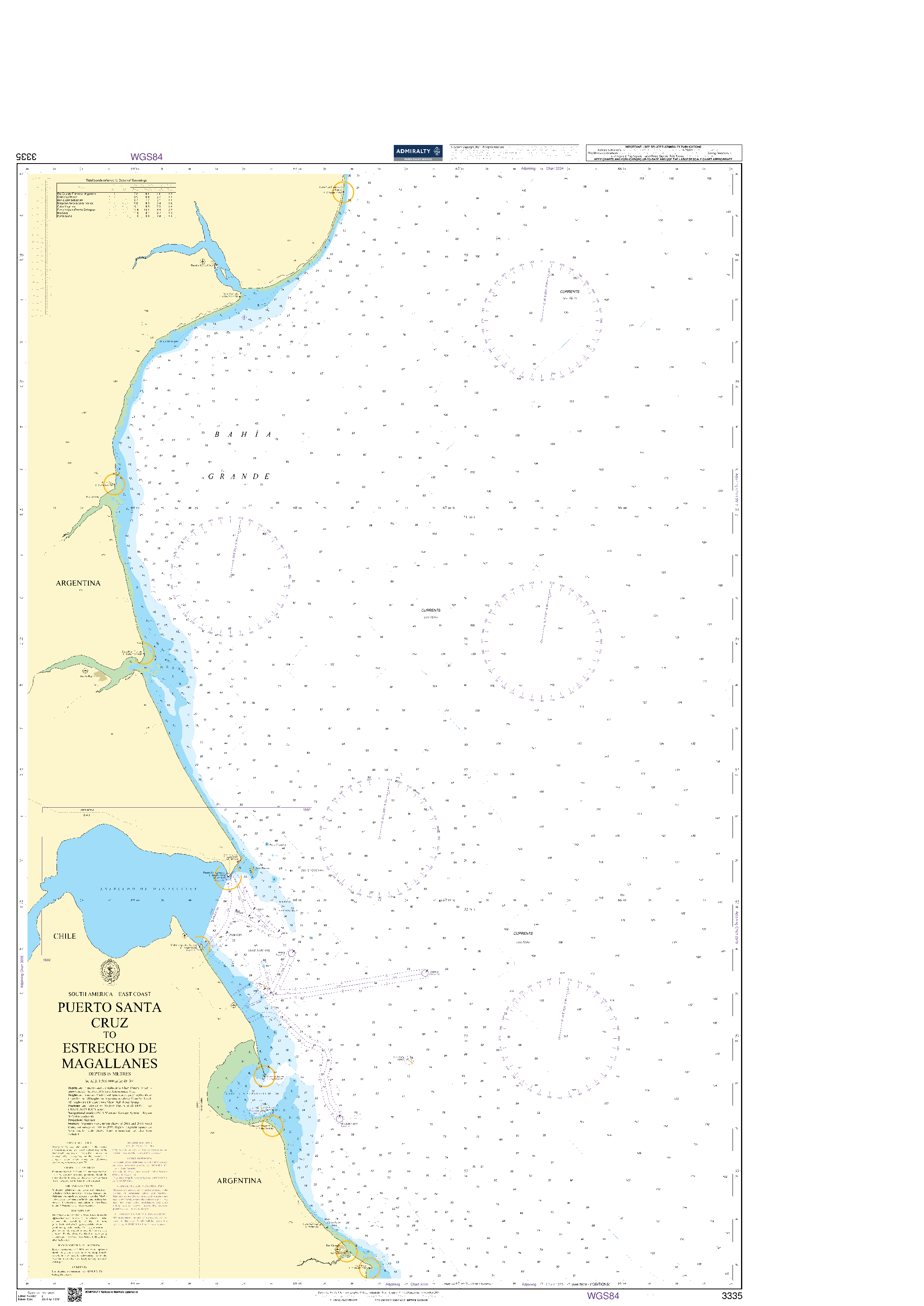British Admiralty Nautical Chart 3335: South America - East Coast, Puerto Santa Cruz to Estrecho de Magallanes