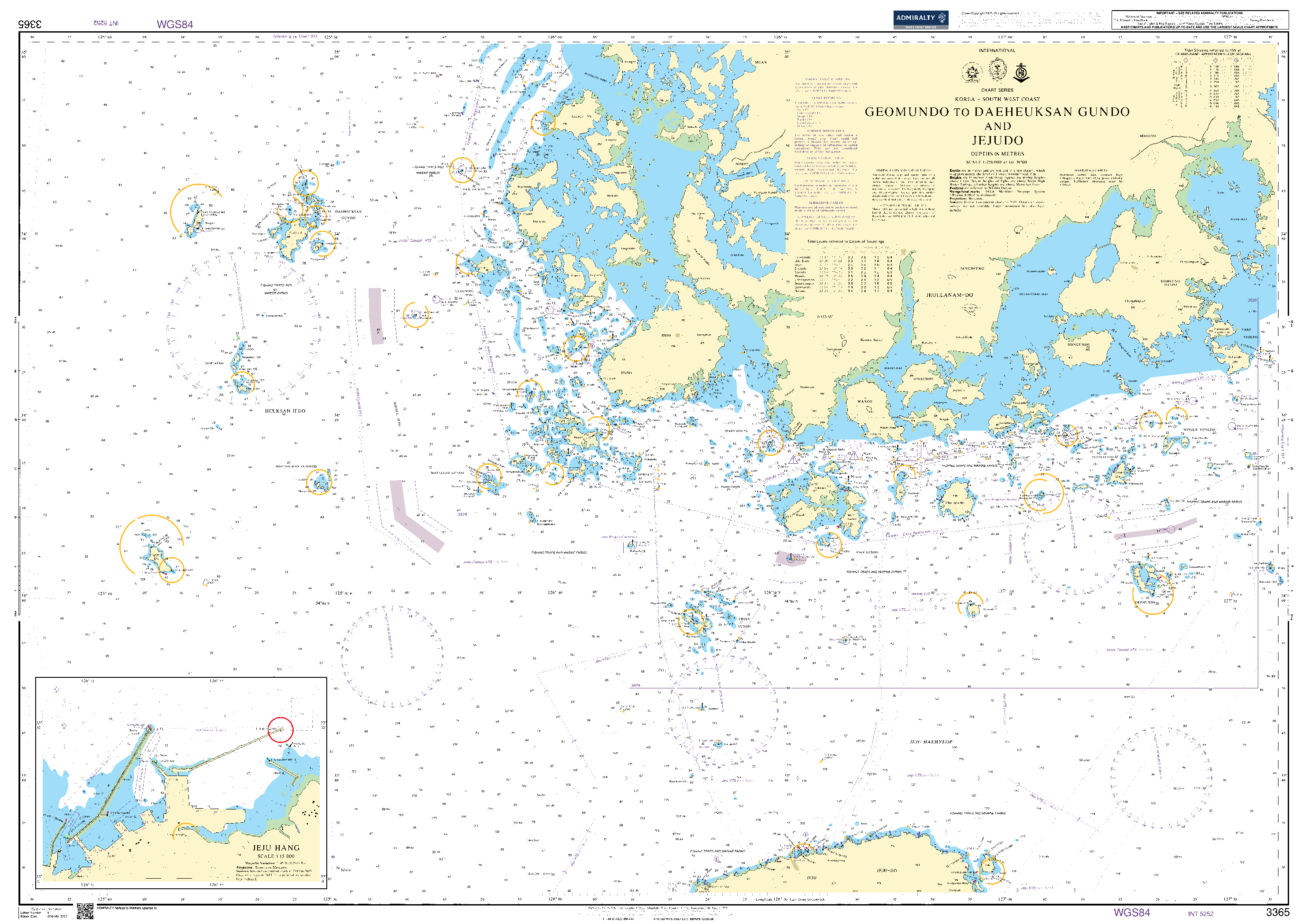 British Admiralty Nautical Chart 3365: Korea – South West Coast, Geomundo to Daeheuksan Gundo and Jejudo. Jeju Hang