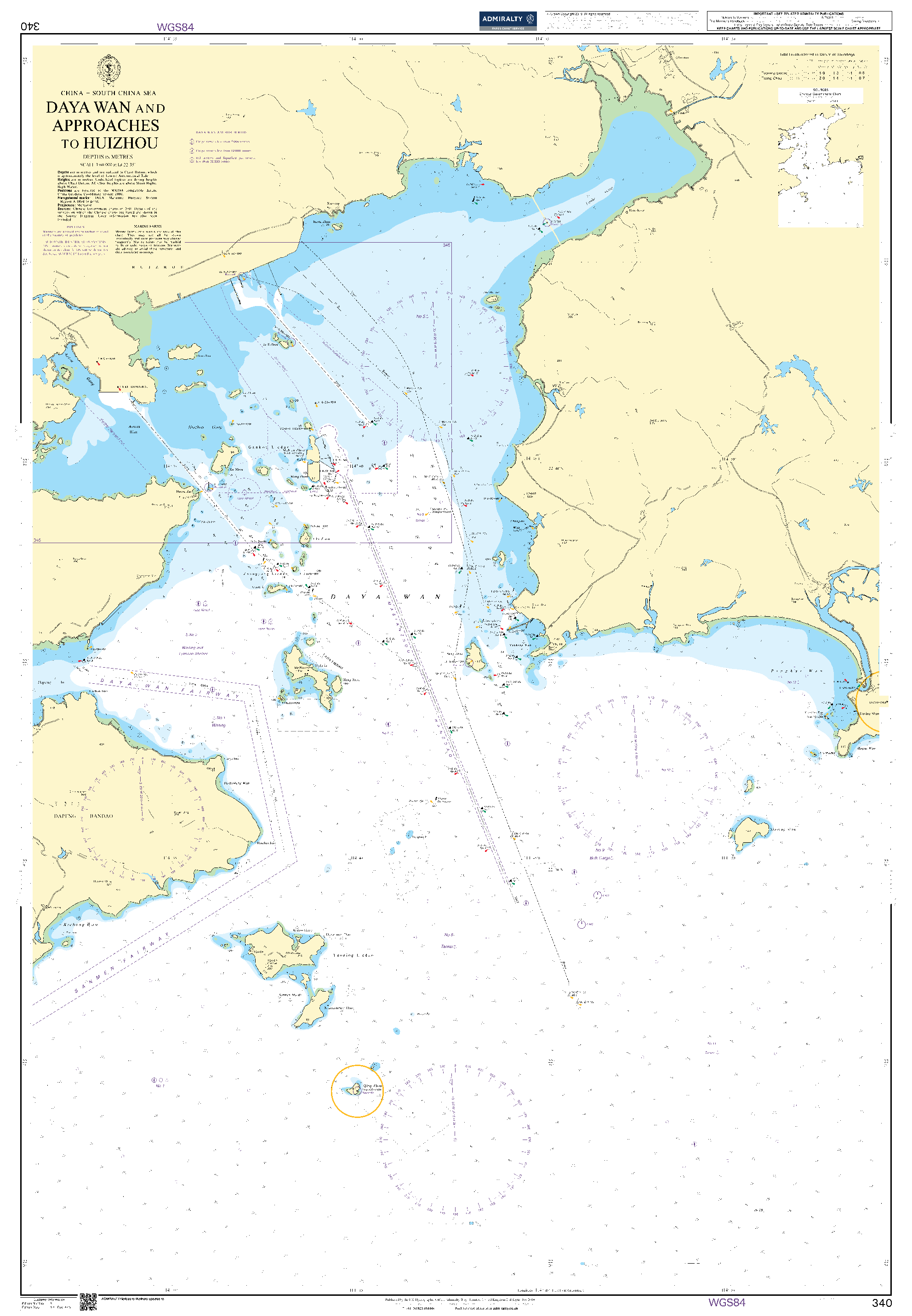 British Admiralty Nautical Chart 340: China - South China Sea, Daya Wan and Approaches to Huizhou