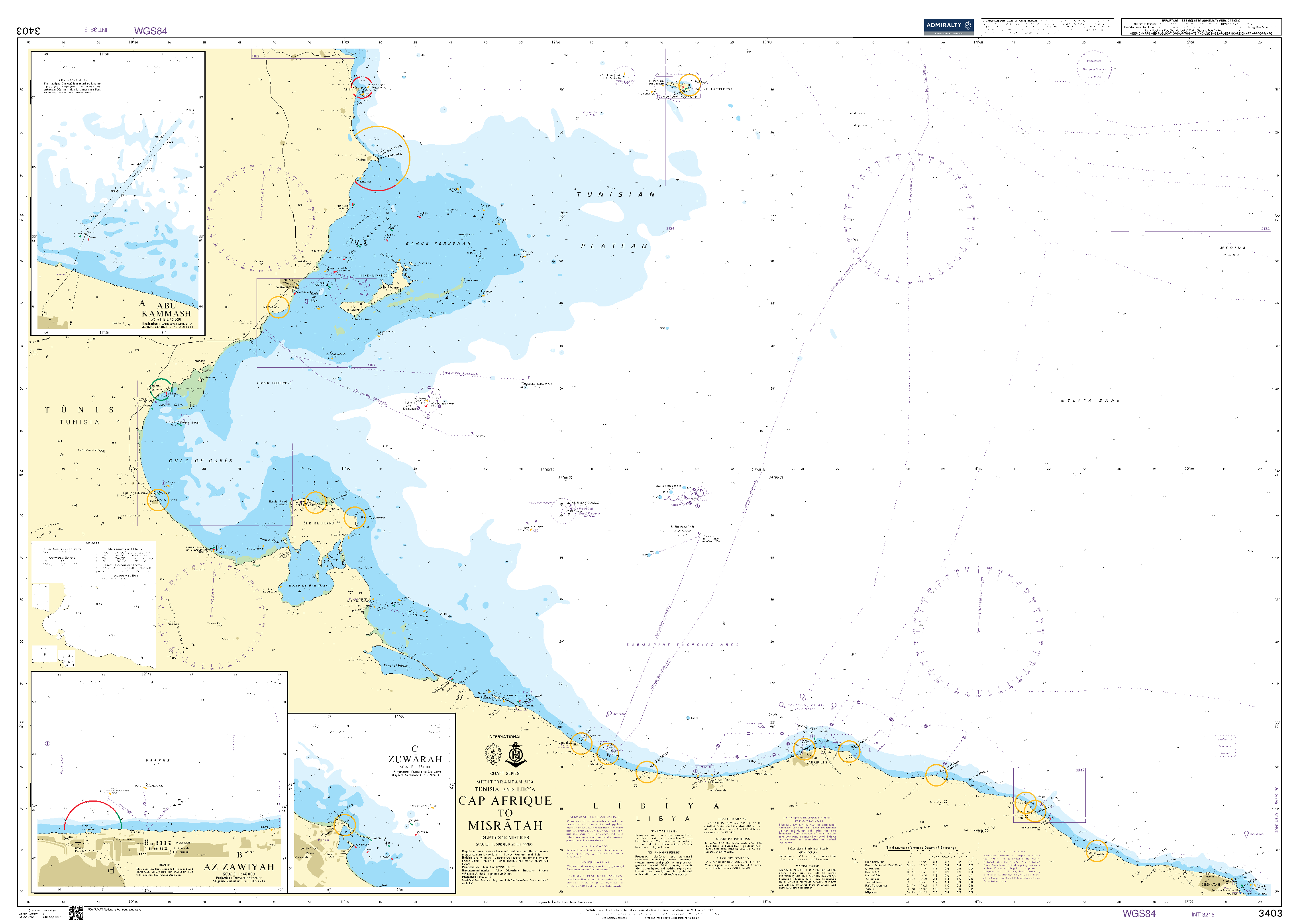British Admiralty Nautical Chart 3403: Mediterranean Sea, Tunisia and Libya, Cap Afrique to Misratah