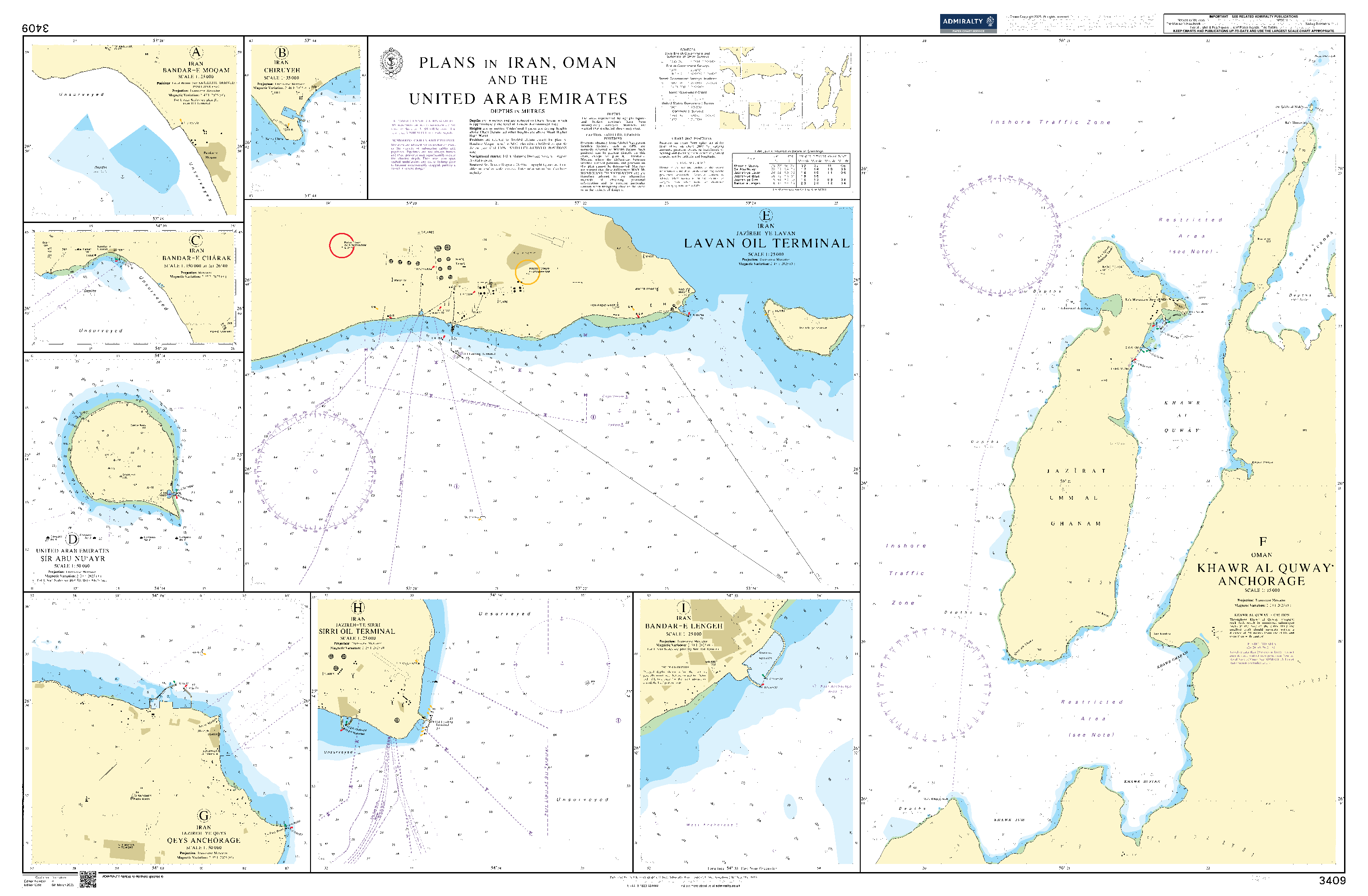 British Admiralty Nautical Chart 3409: Plans in Iran, Oman and the United Arab Emirates
