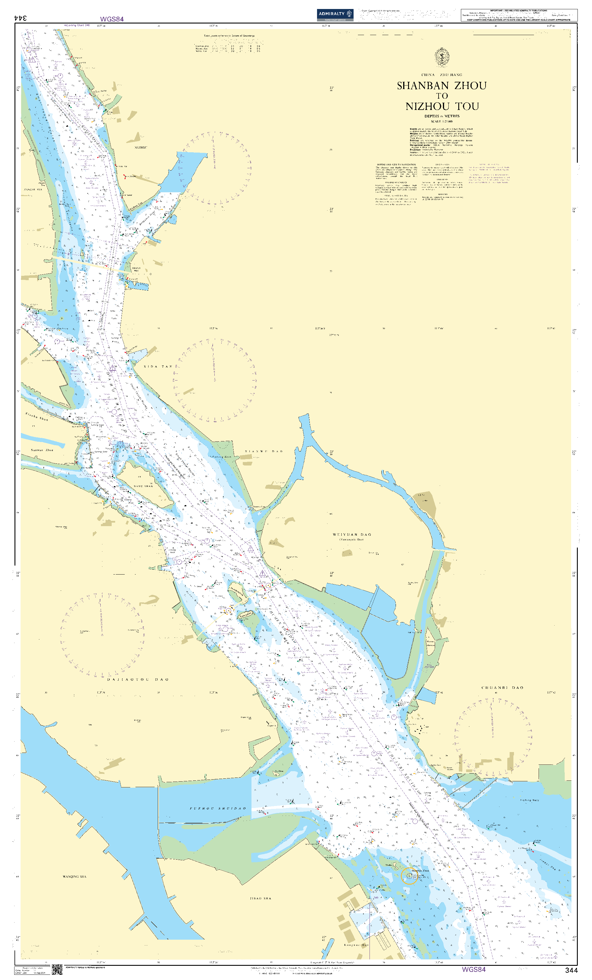 British Admiralty Nautical Chart 344: China – Zhu Jiang, Shanban Zhou to Nizhou Tou
