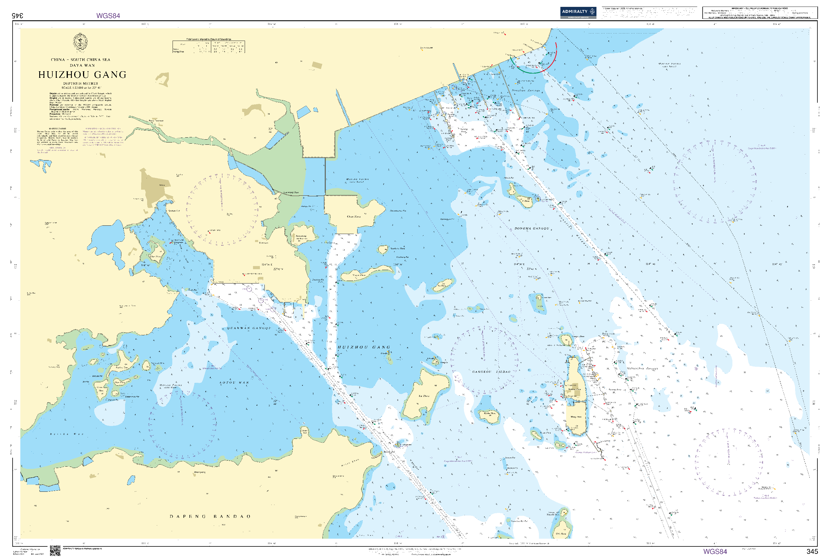 British Admiralty Nautical Chart 345: China - South China Sea, Daya Wan, Huizhou Gang