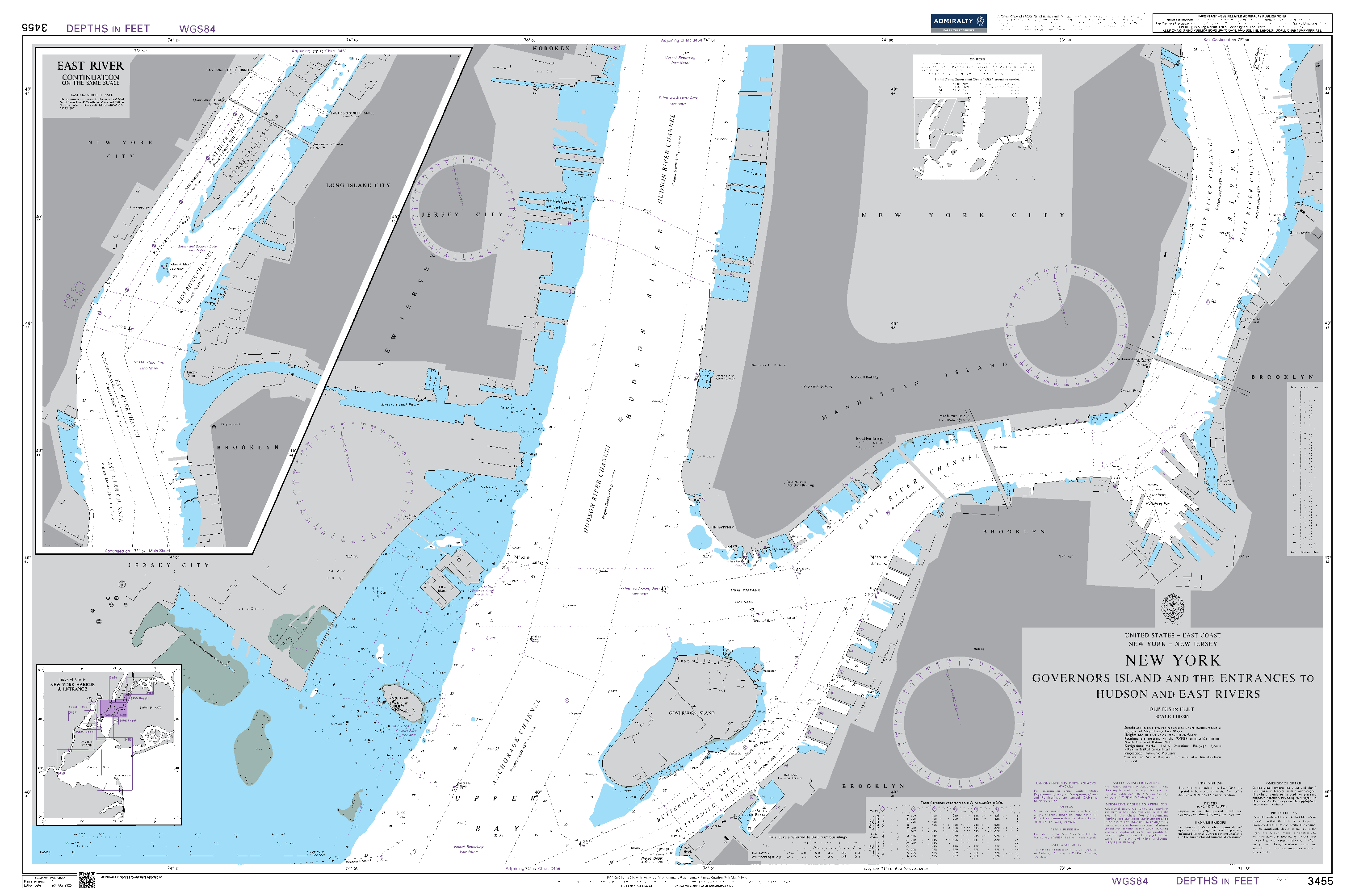 British Admiralty Nautical Chart  3455: New York Governors Island and the Entrances to Hudson and East Rivers