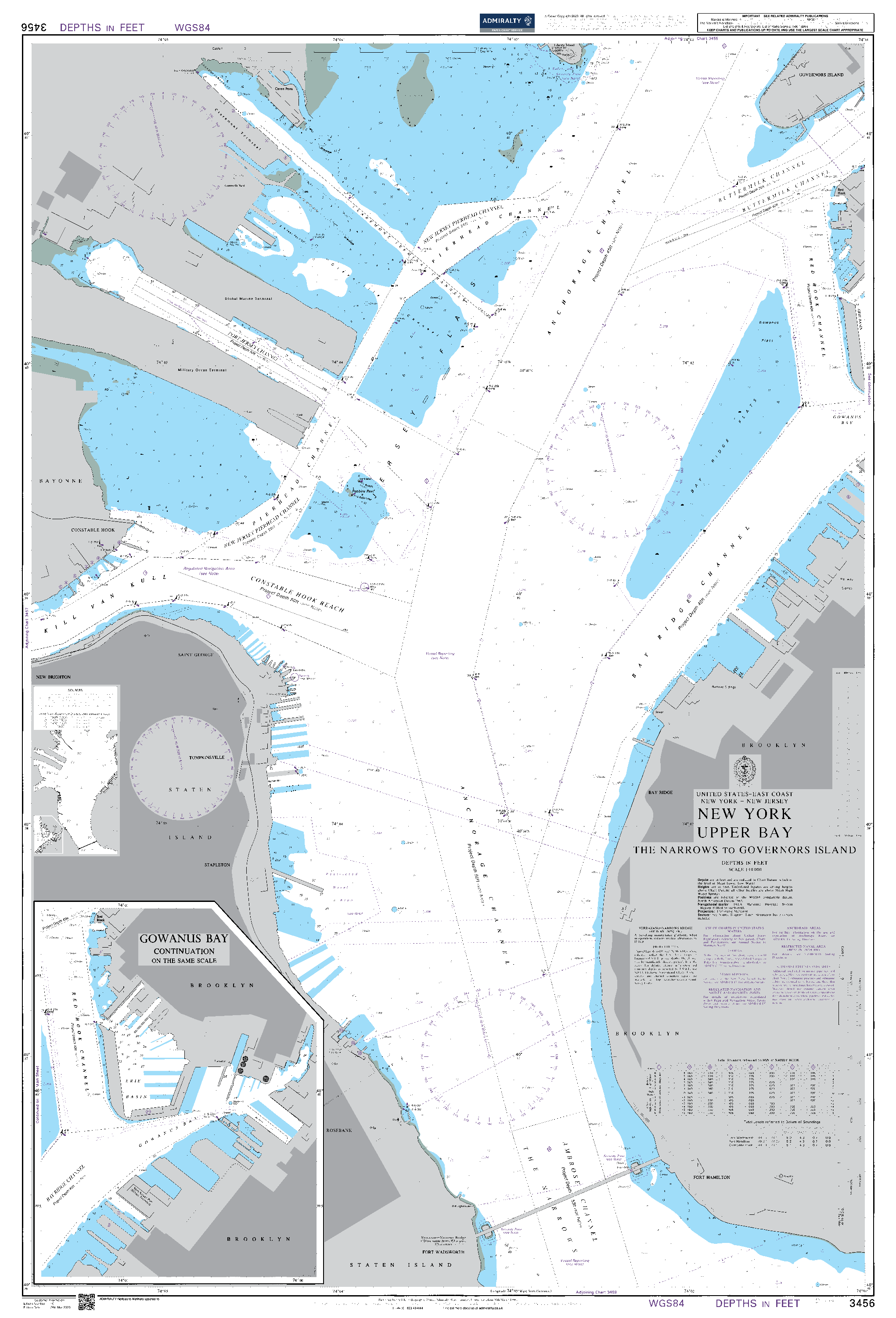 British Admiralty Nautical Chart  3456: United States - East Coast, New York - New Jersey, New York Upper Bay, The Narrows to Governors Island. Gowanus Bay continuation