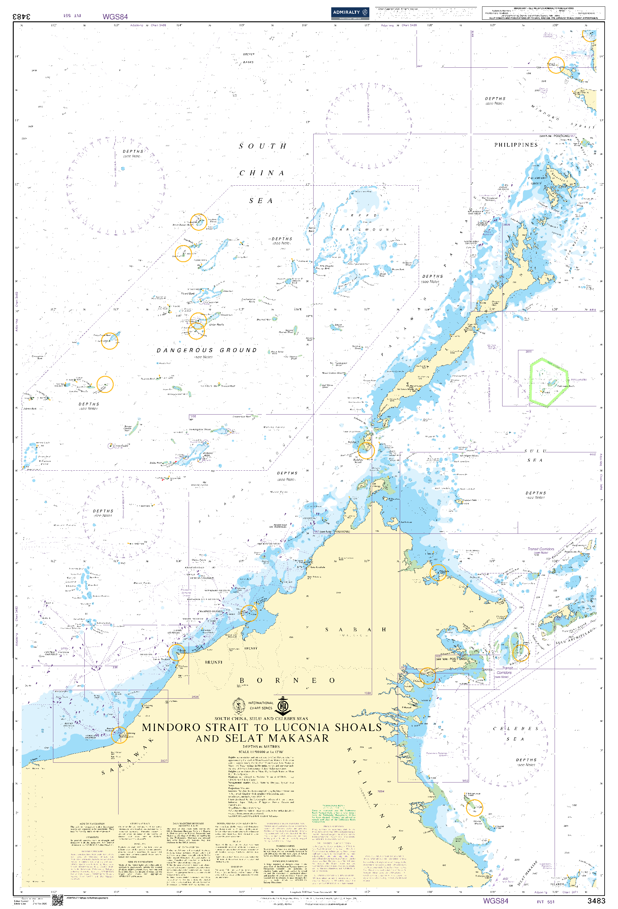 British Admiralty Nautical Chart 3483: Mindoro Strait to Luconia Shoals and Selat Makasar