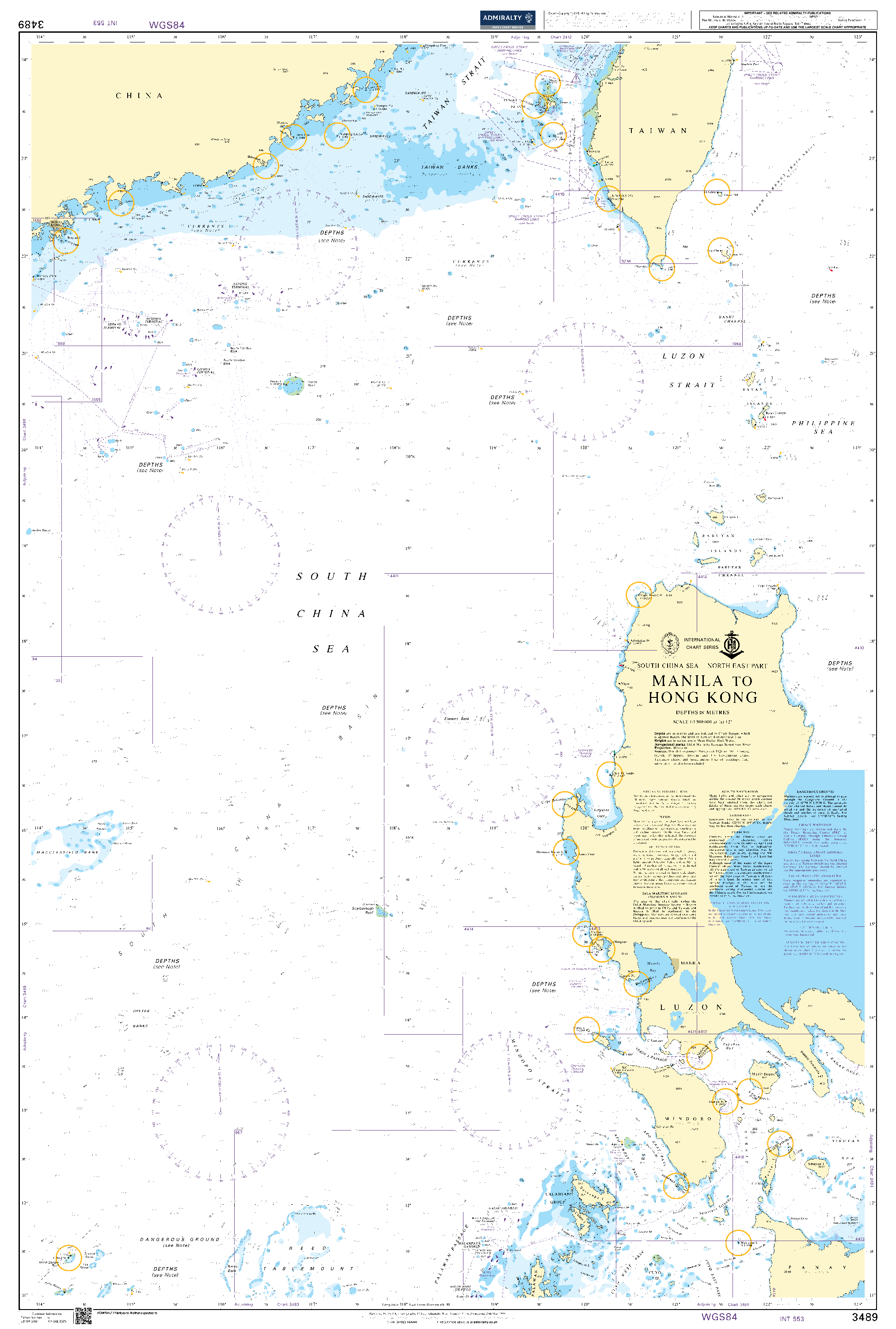 British Admiralty Nautical Chart 3489: Manila to Hong Kong