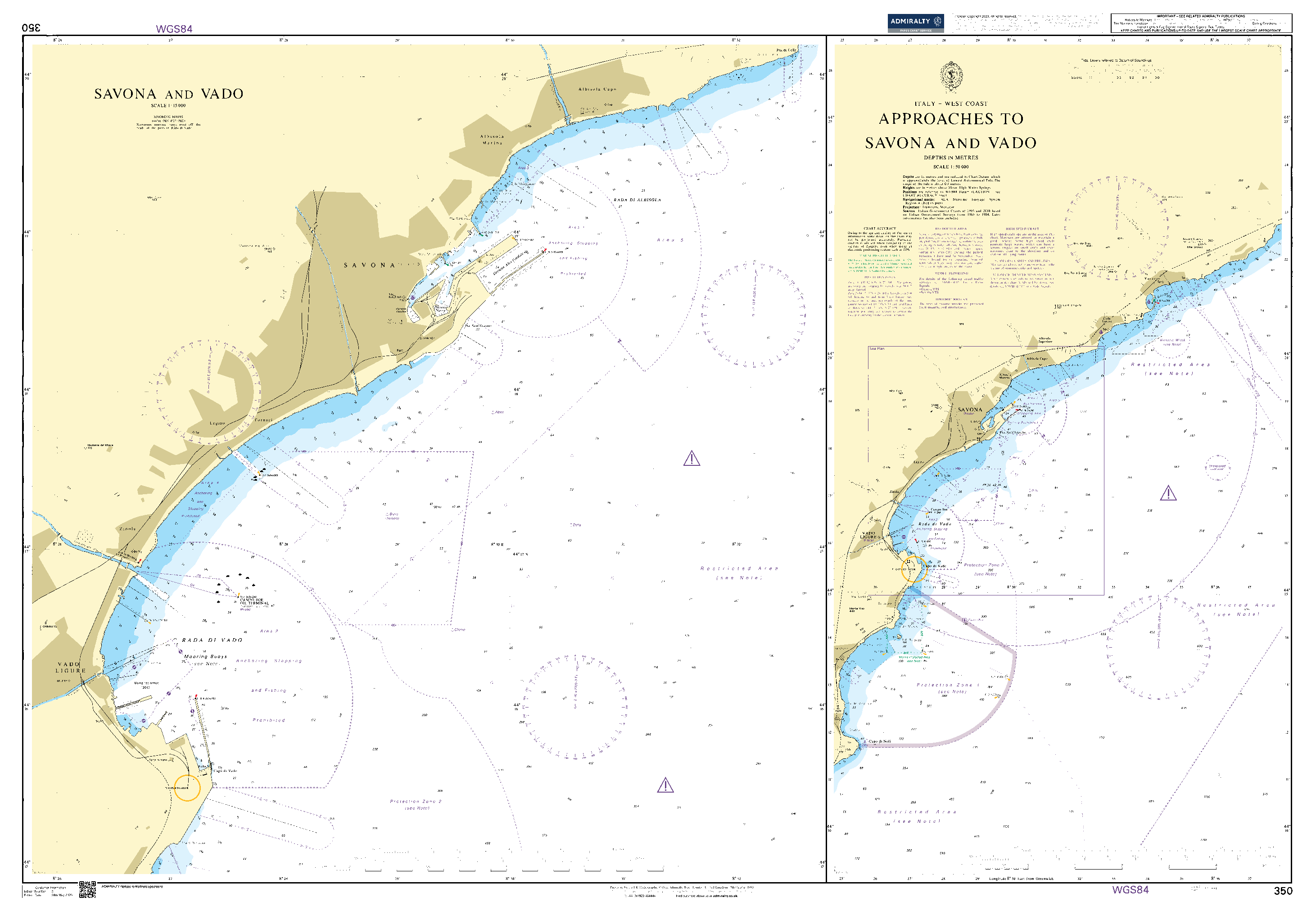 British Admiralty Nautical Chart 350: Italy – West Coast, Approaches to Savona and Vado. Savona and Vado
