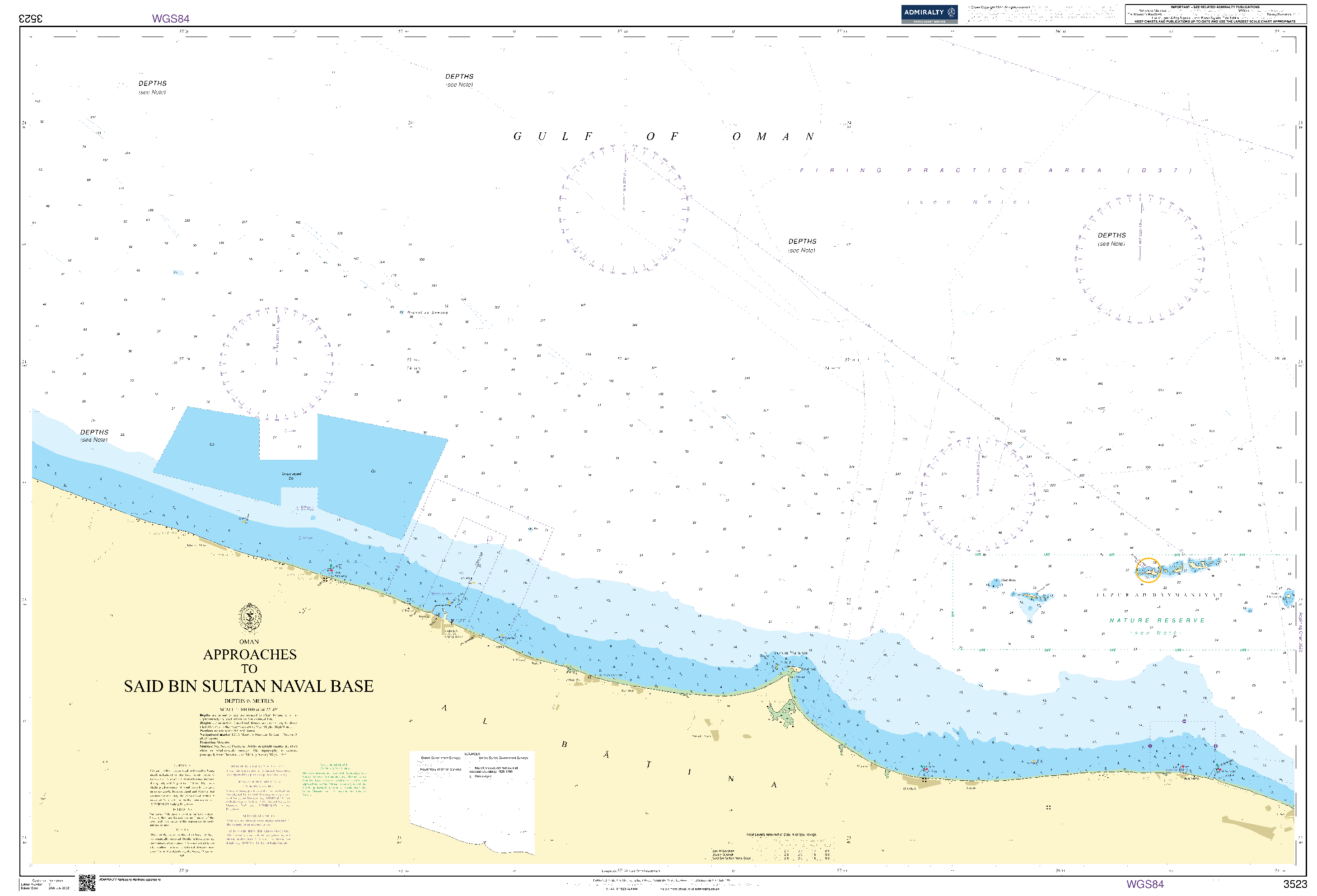 British Admiralty Nautical Chart 3523: Oman, Outer Approaches to Said Bin Sultan Naval Base