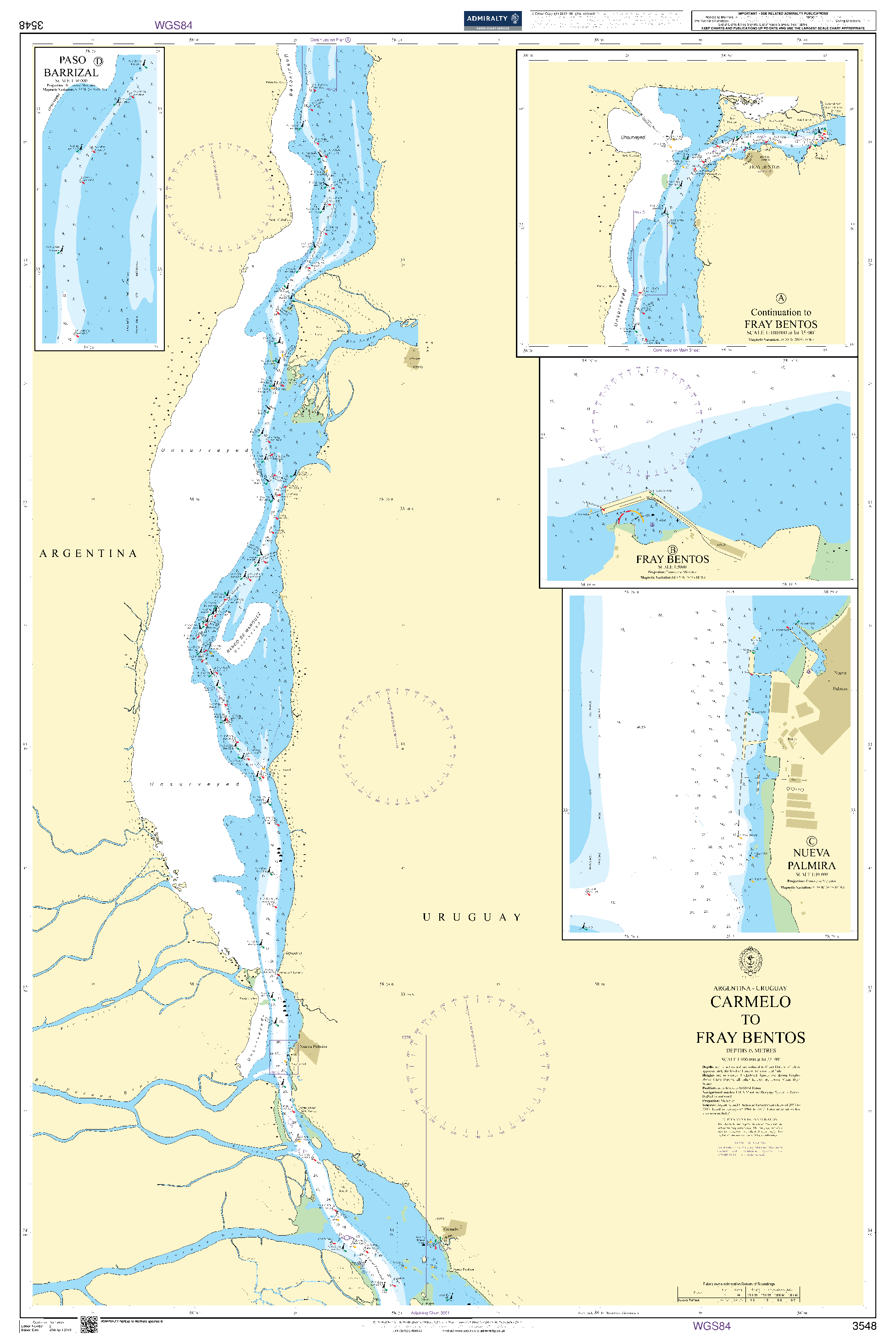 British Admiralty Nautical Chart 3548: Argentina - Uruguay, Carmelo to Fray Bentos