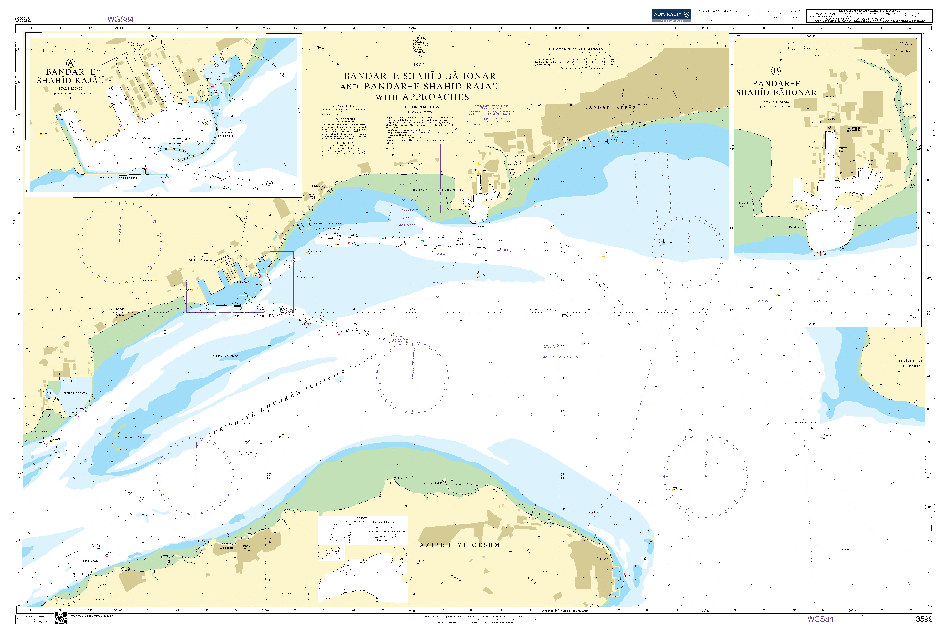 British Admiralty Nautical Chart 3599: Bandar-e Shahid Bahonar and Bandar-e Shahid Raja'i with Approaches