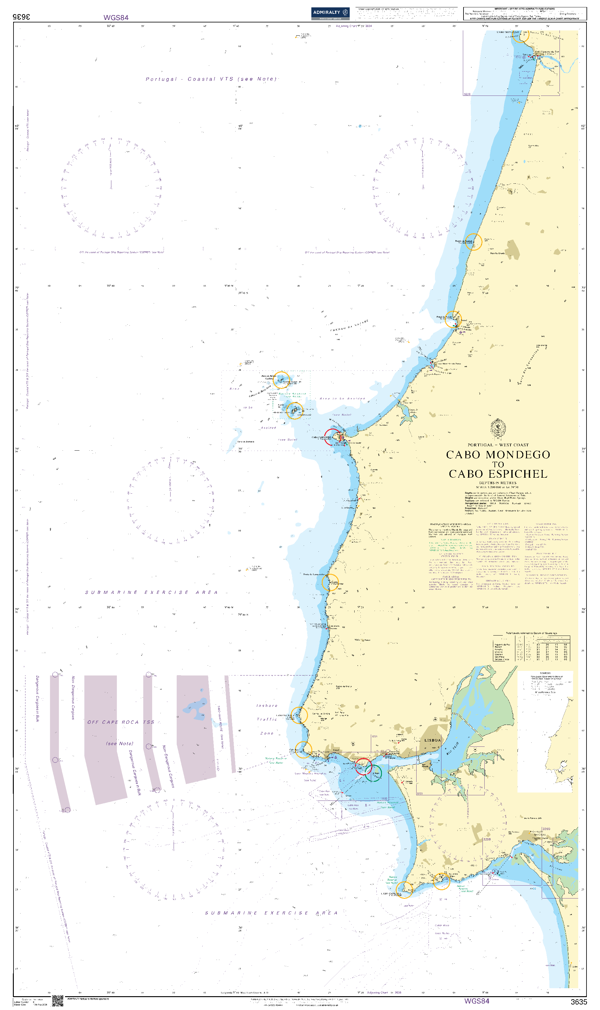 British Admiralty Nautical Chart  3635: Cabo Mondego to Cabo Espichel