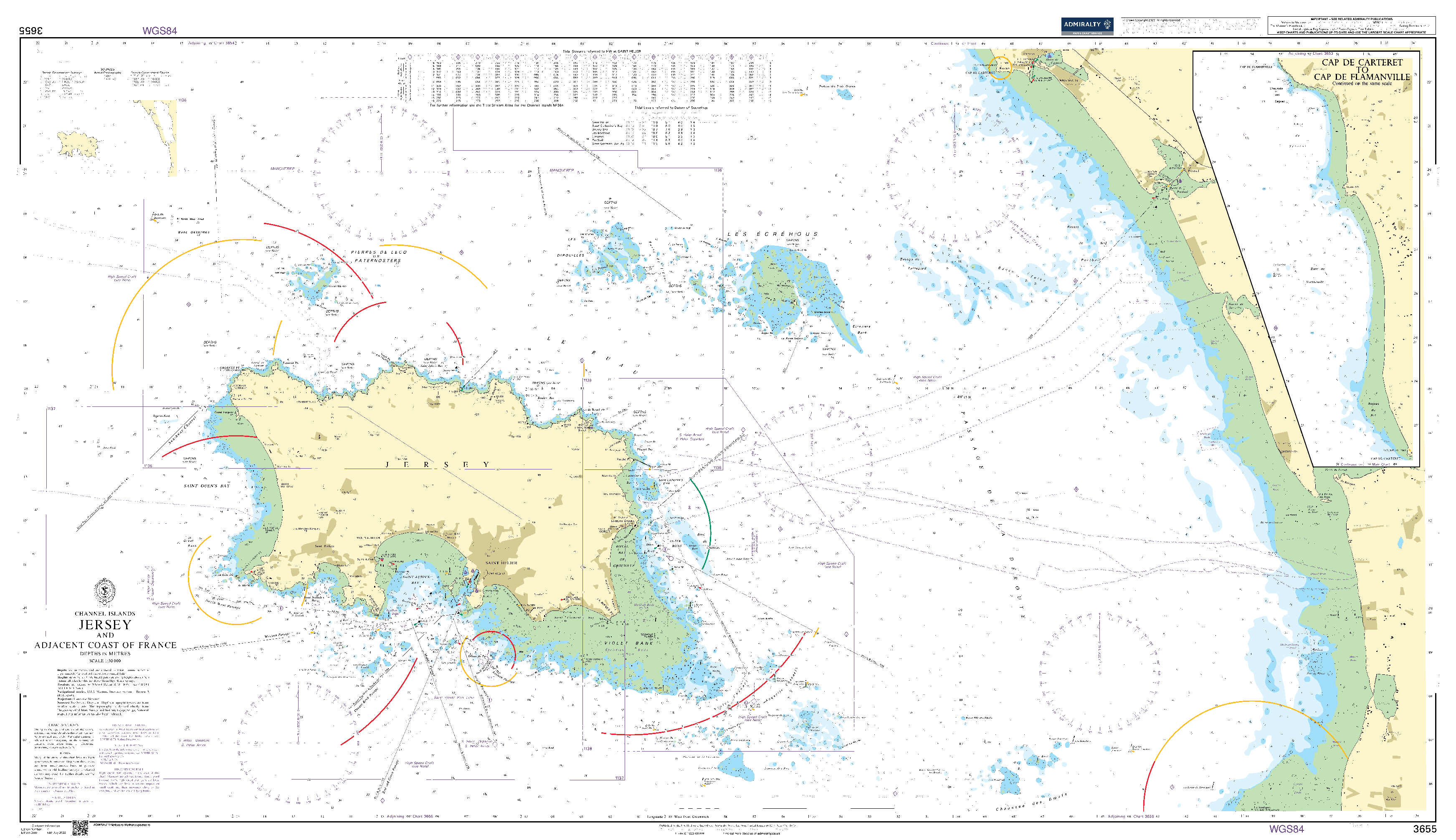 British Admiralty Nautical Chart 3655: Channel Islands, Jersey and Adjacent Coast of France. Cap de Carteret to Cap de Flamanville