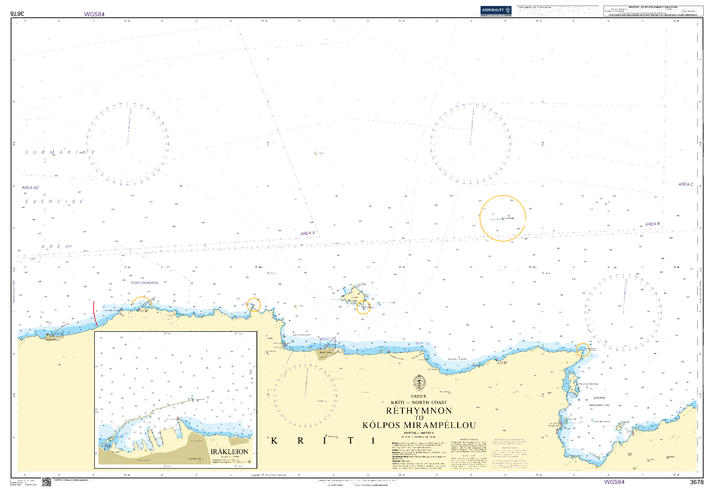 British Admiralty Nautical Chart 3678: Rethymnon to Kolpos Mirampellou