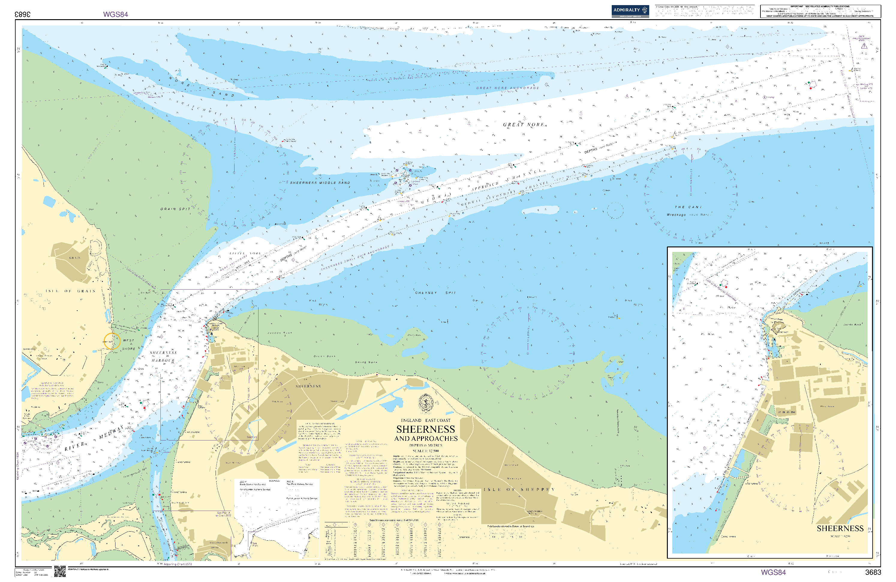 British Admiralty Nautical Chart 3683: England - East Coast, Sheerness and Approaches. Sheerness