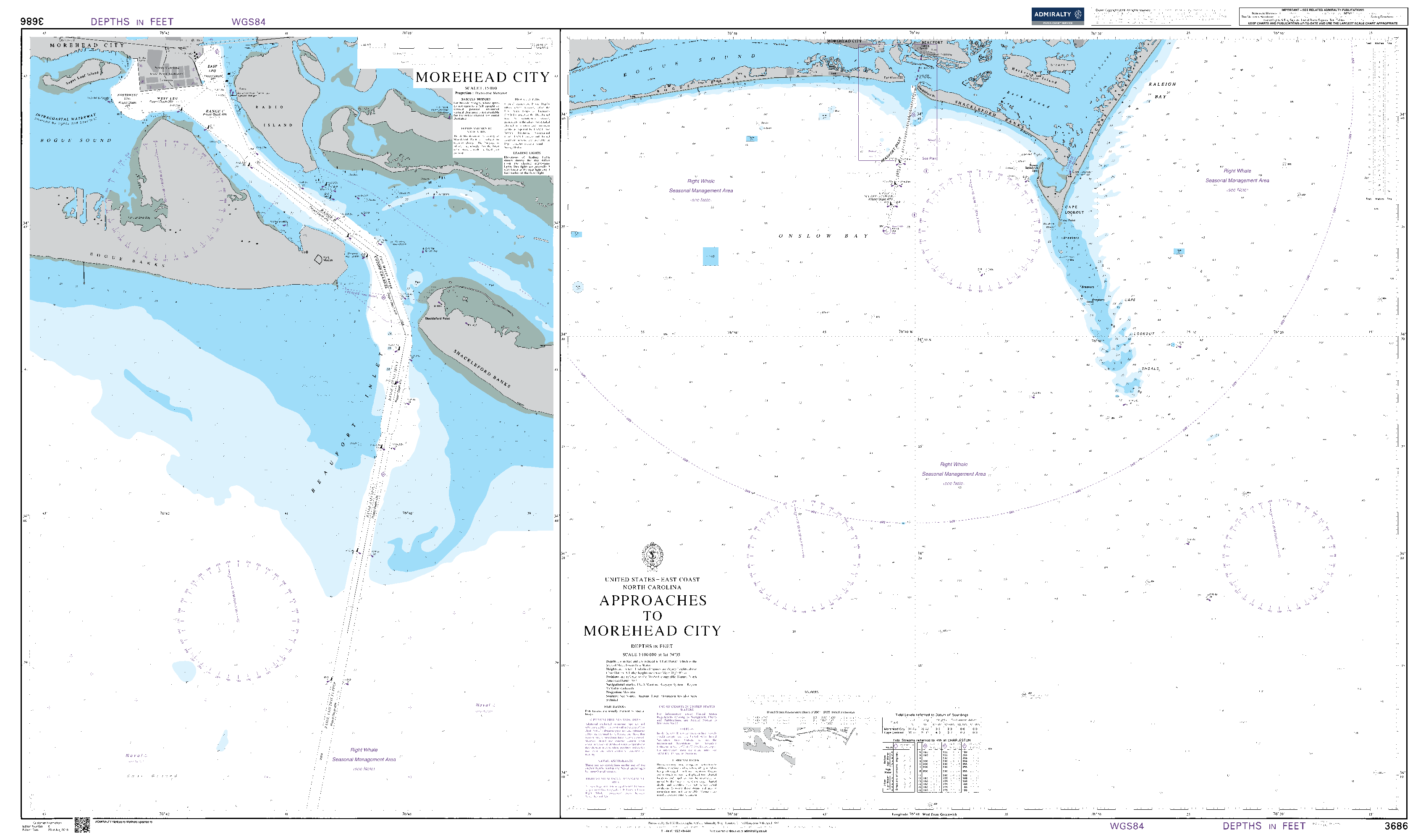 British Admiralty Nautical Chart 3686: United States – East Coast, North Carolina, Approaches to Morehead City