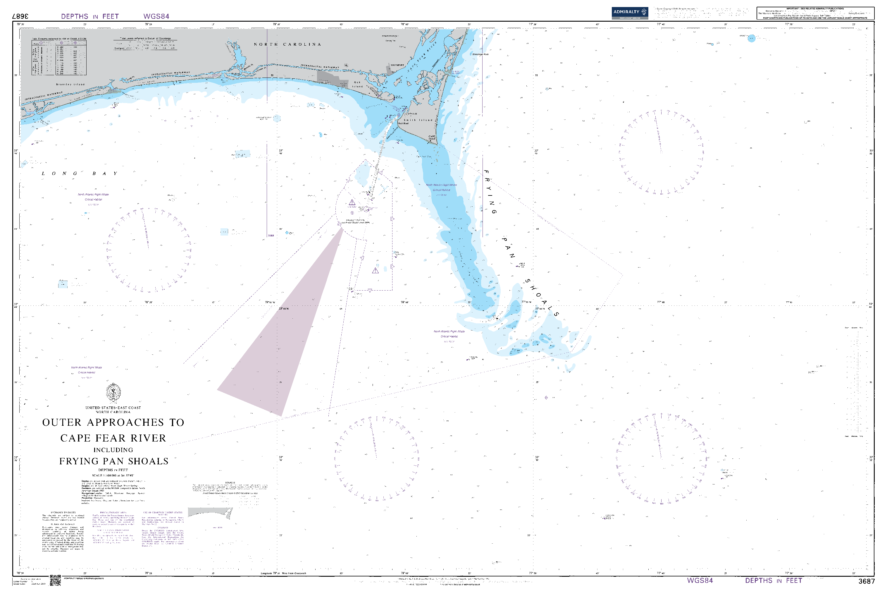 British Admiralty Nautical Chart 3687: United States – East Coast, North Carolina, Outer Approaches to Cape Fear River including Frying Pan Shoals