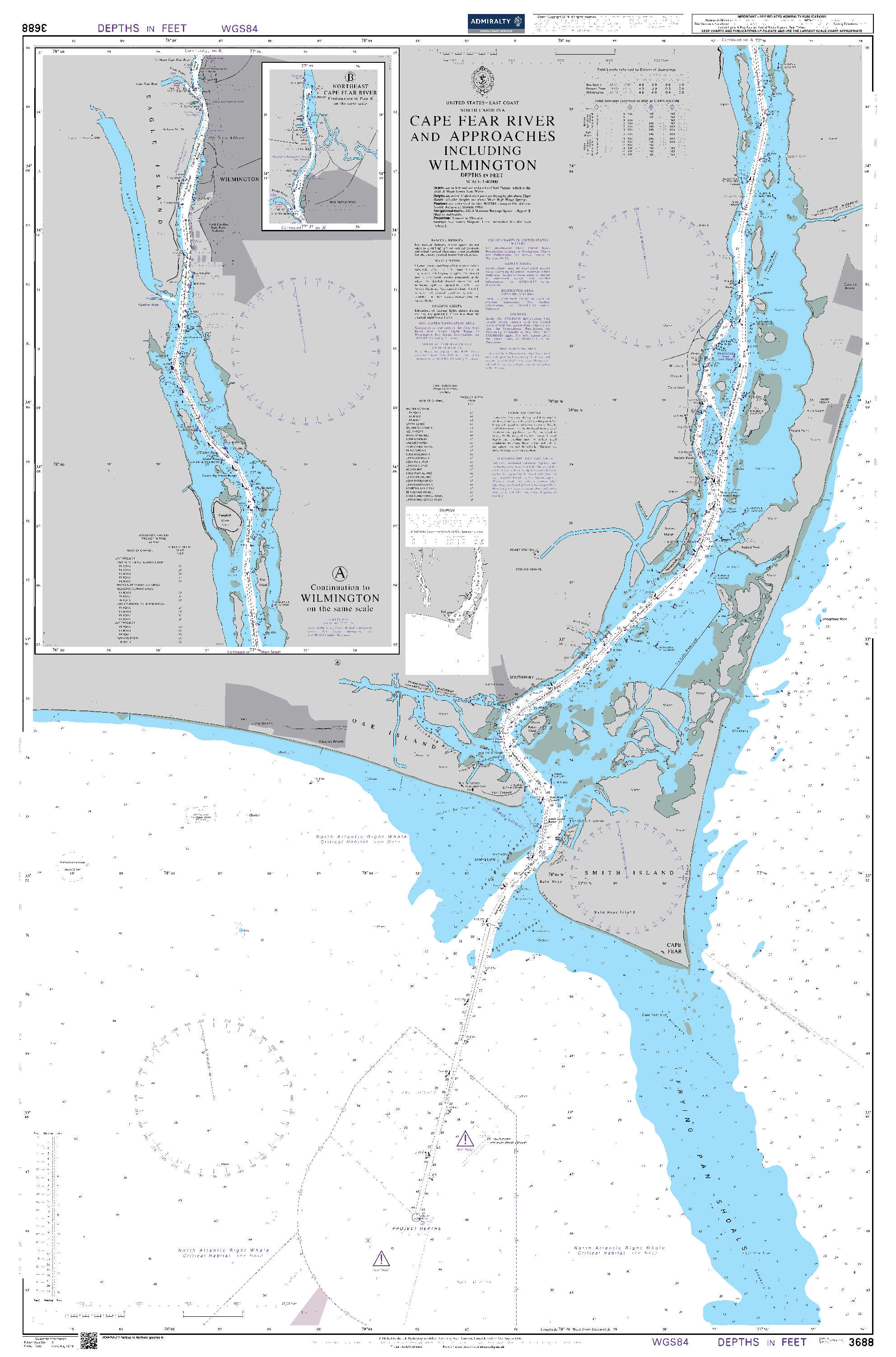 British Admiralty Nautical Chart 3688: Cape Fear River and Approaches including Wilmington
