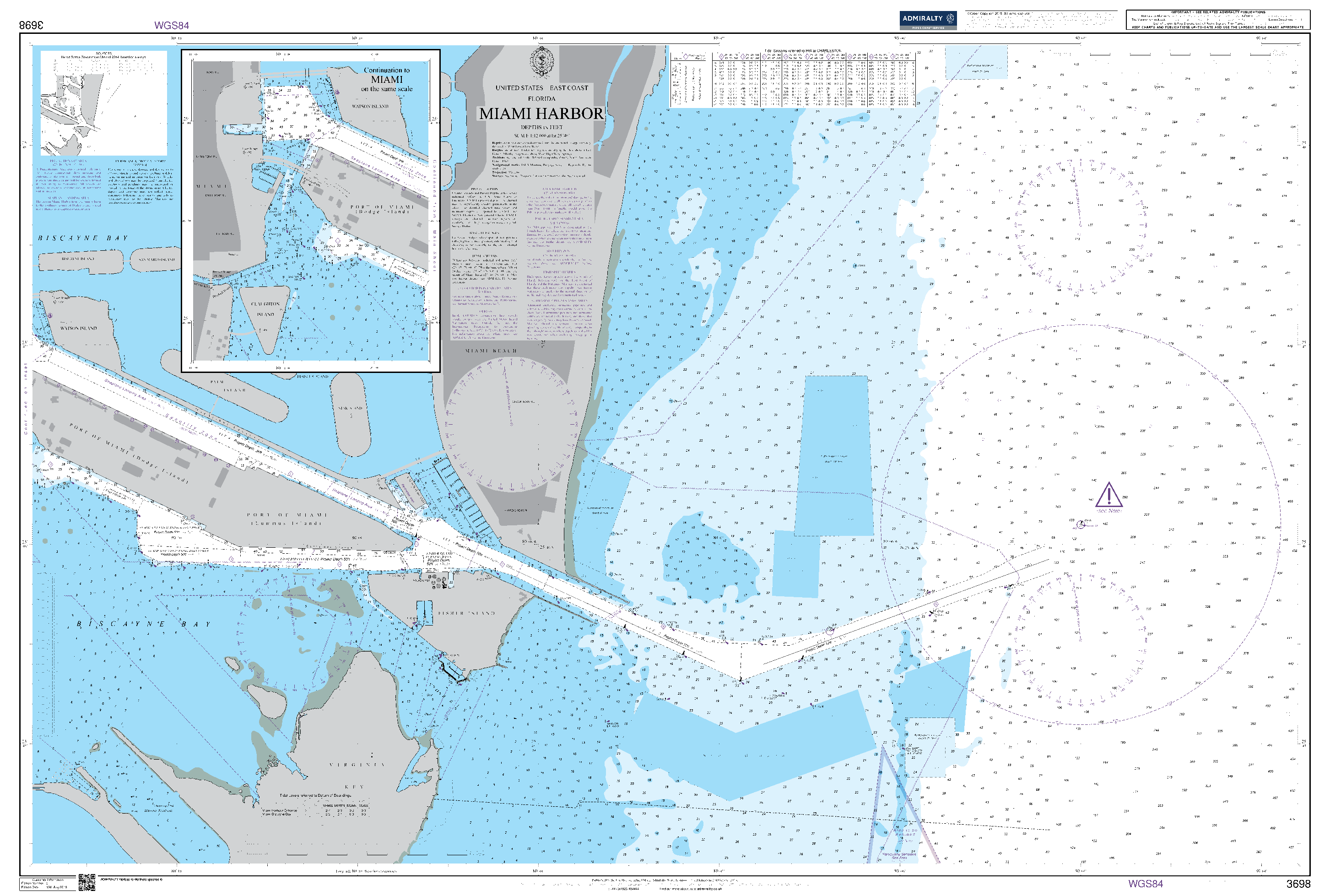 British Admiralty Nautical Chart 3698: United States - East Coast, Florida, Miami Harbor