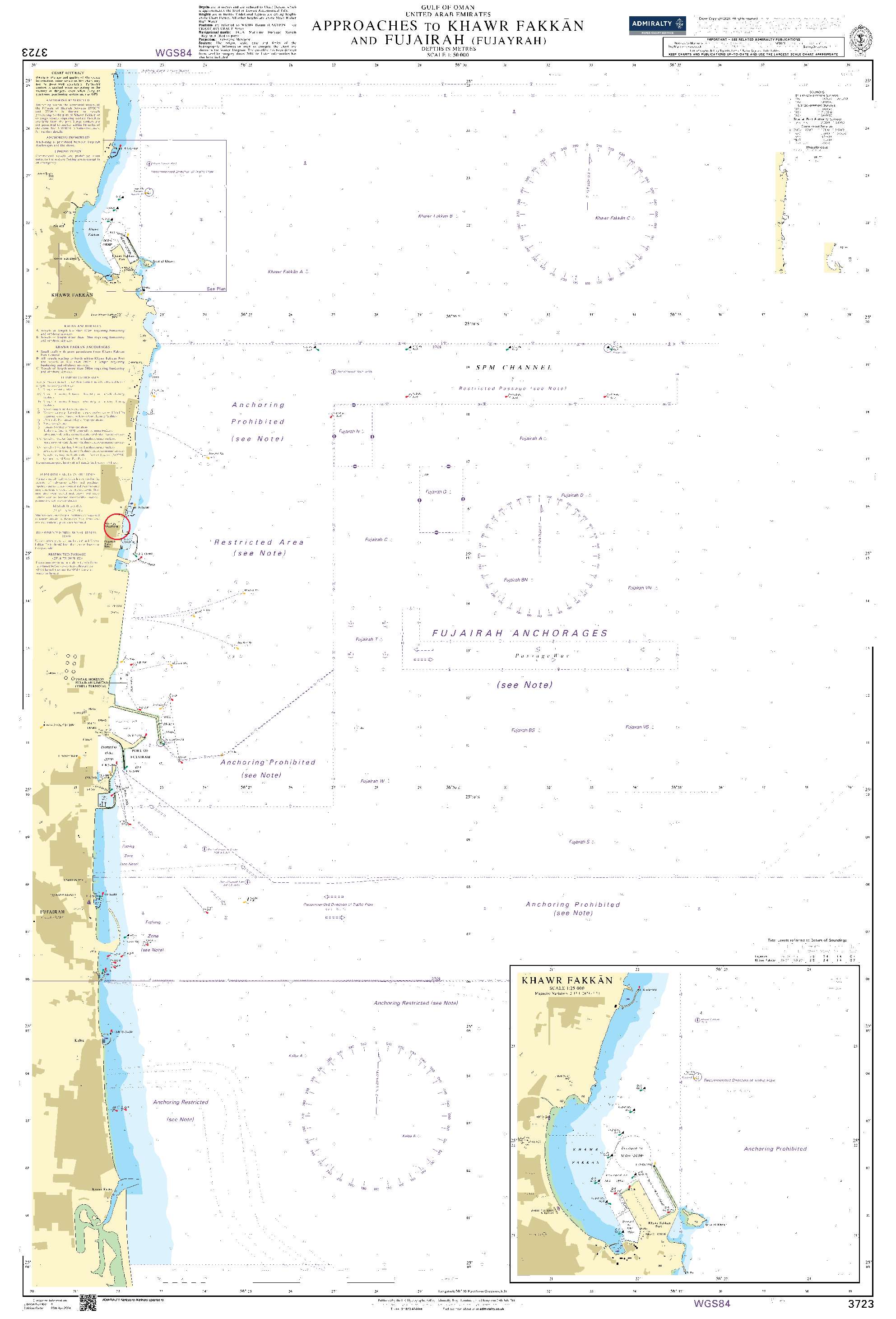 British Admiralty Nautical Chart 3723: Approaches to Khawr Fakkan and Fujairah (Fujayrah)