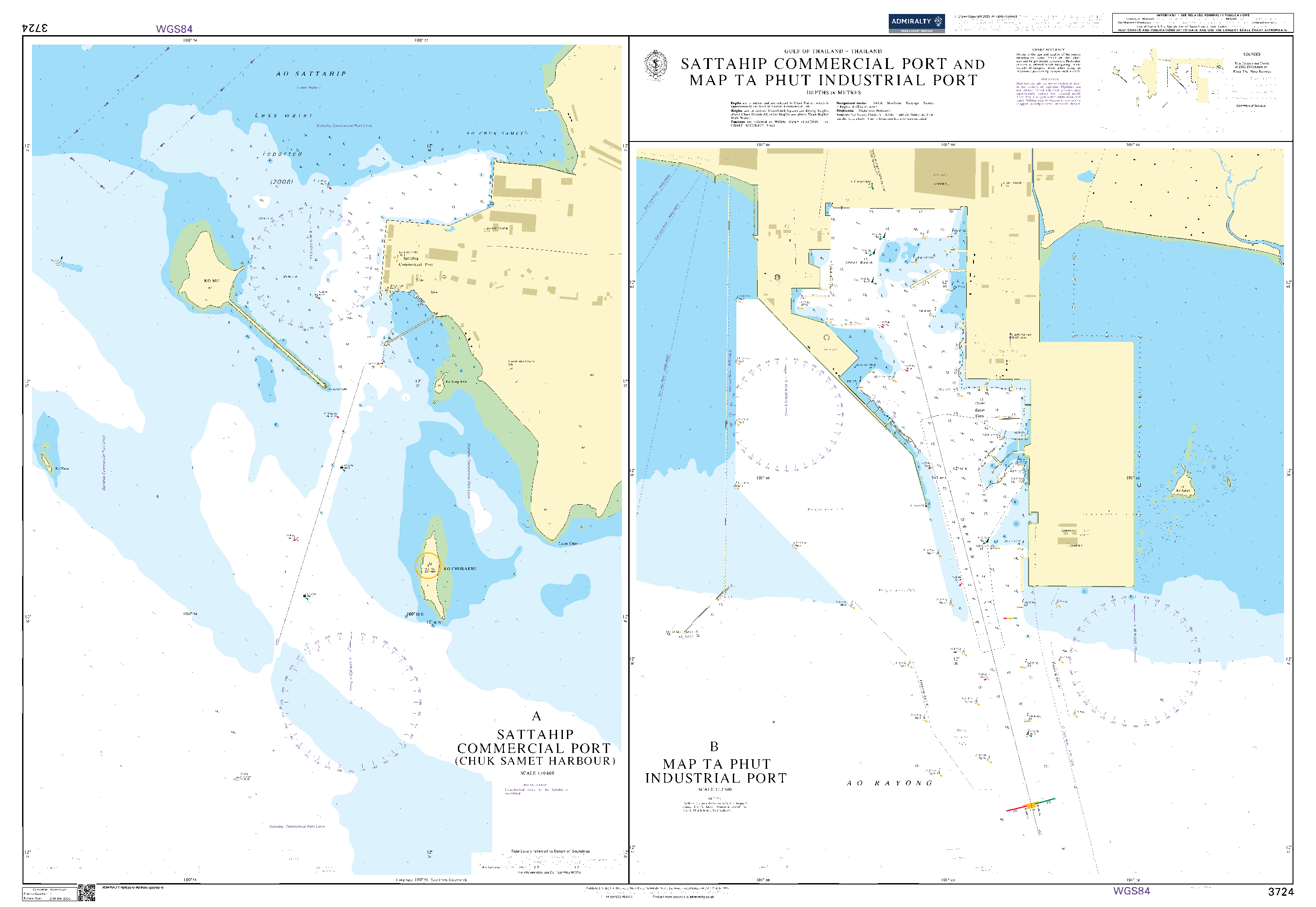 British Admiralty Nautical Chart 3724: Gulf of Thailand – Thailand, Sattahip Commercial Port and Map Ta Phut Industrial Port