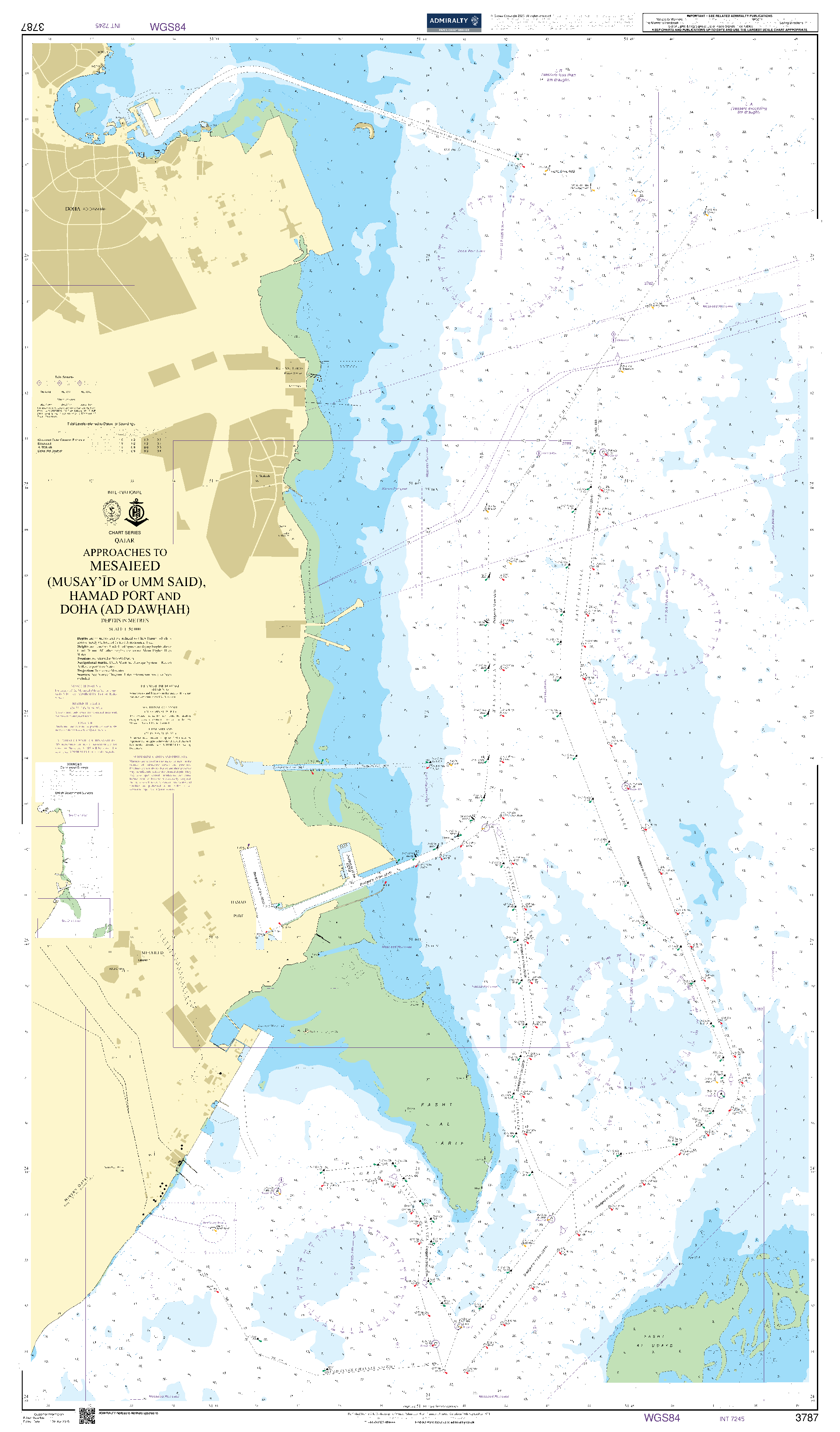 British Admiralty Nautical Chart 3787: Qatar, Approaches to Mesaieed(Musay `id or Umm Said) and Doha (Ad DawÖah)