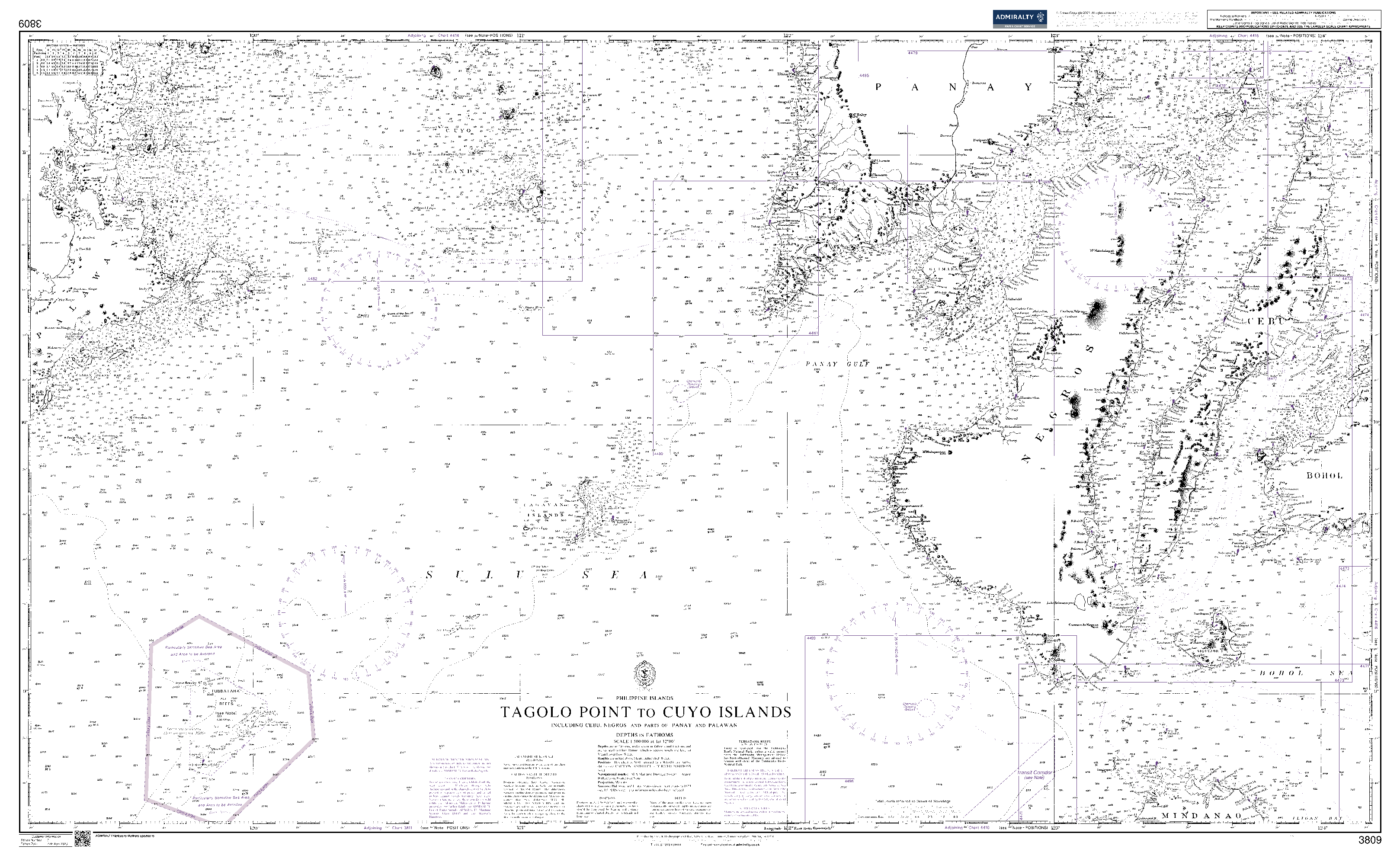 British Admiralty Nautical Chart 3809: Philippine Islands, Tagolo Point to Cuyo Islands Including Cebu, Negros and parts of Panay and Palawan