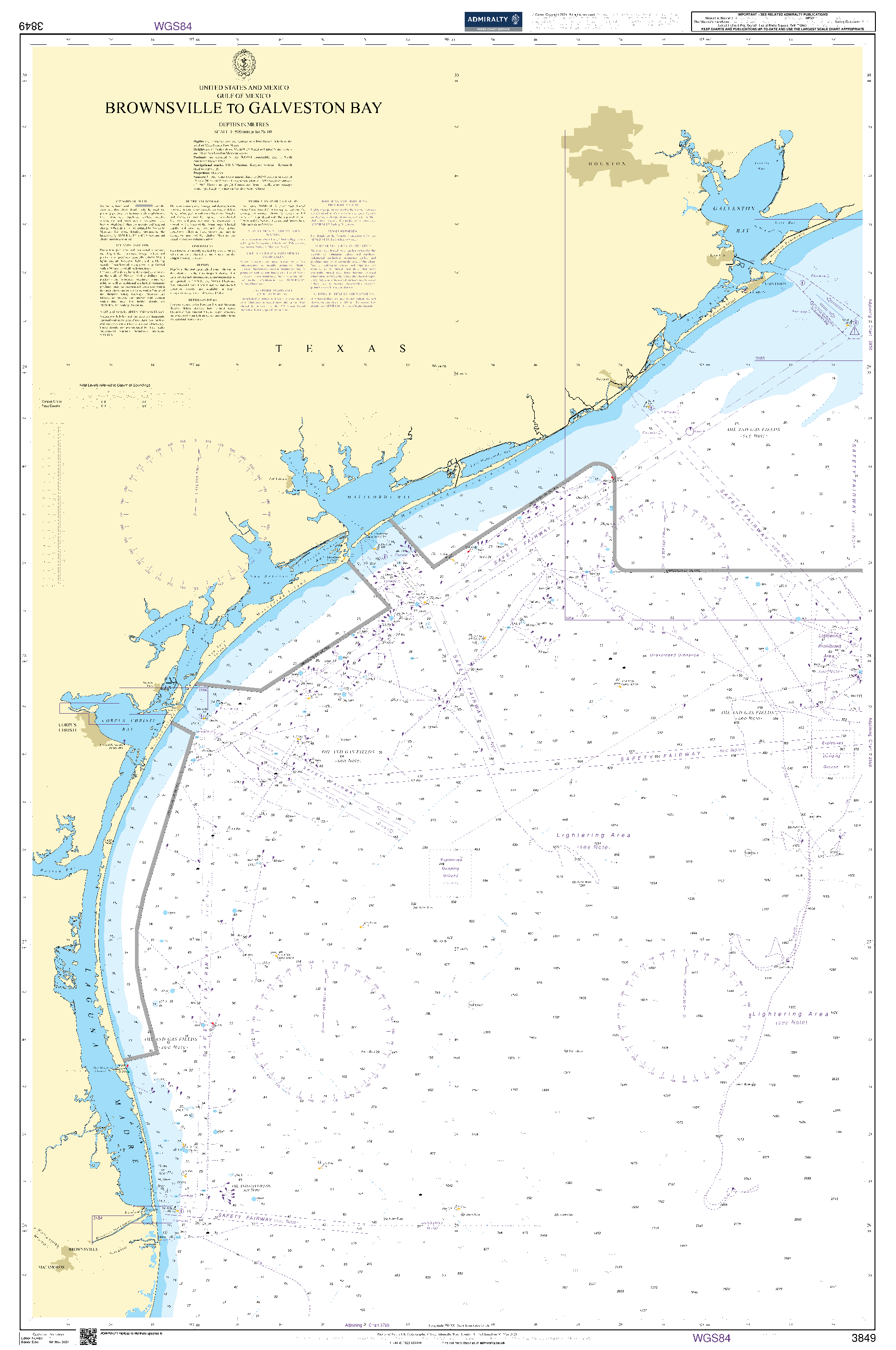British Admiralty Nautical Chart 3849: Brazos Santiago to Galveston Bay