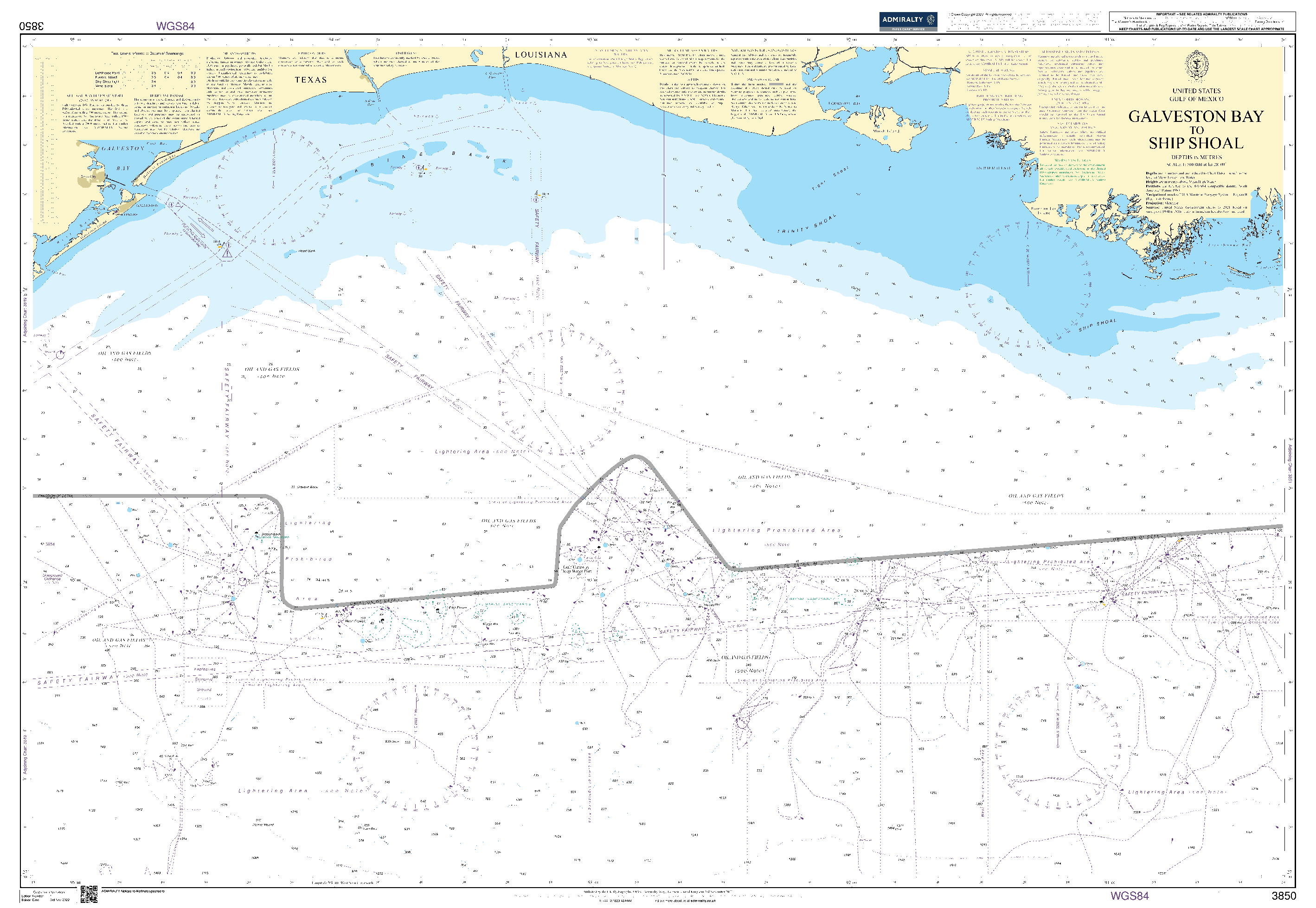 British Admiralty Nautical Chart 3850: Galveston Bay to Ship Shoal