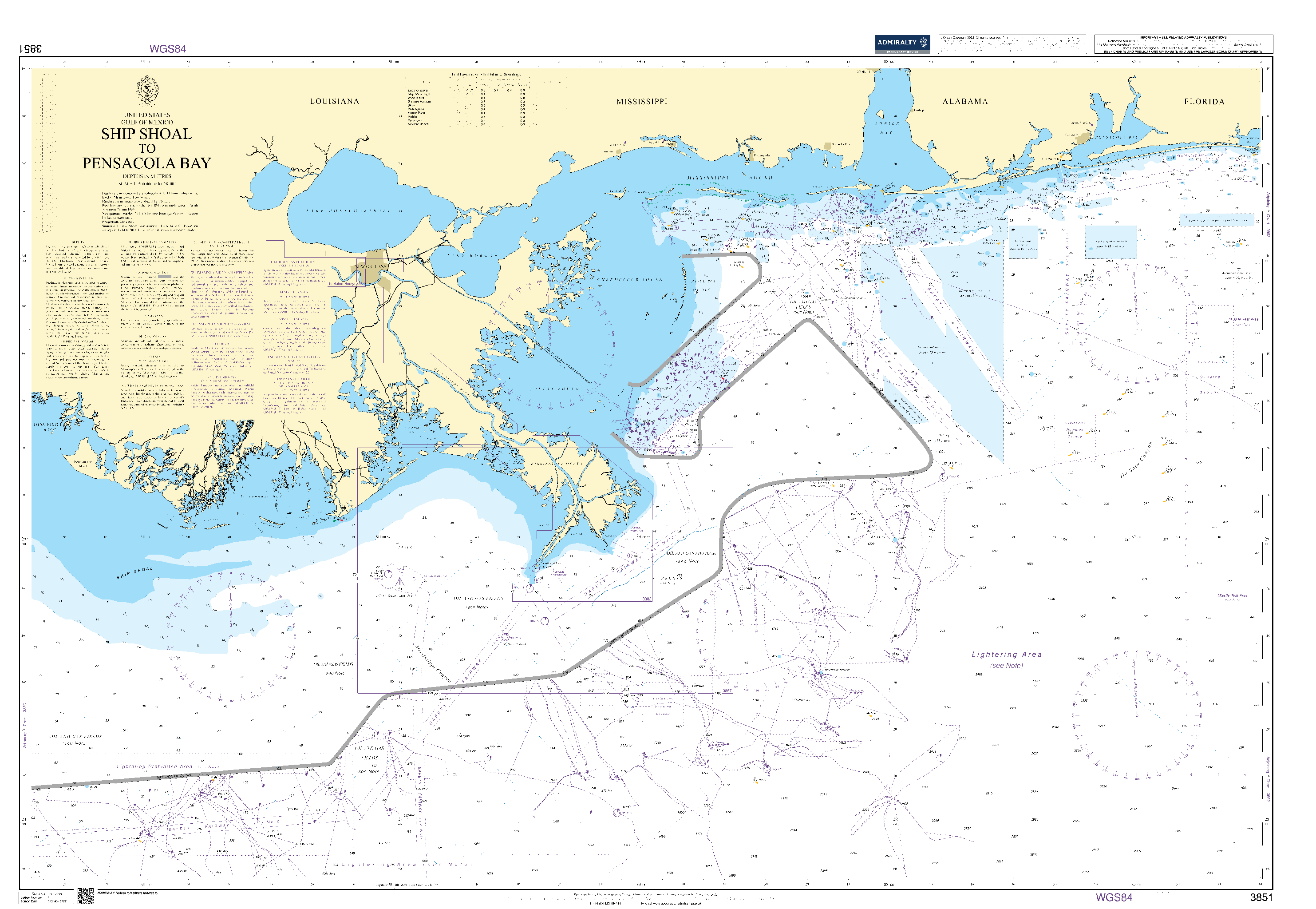 British Admiralty Nautical Chart 3851: Ship Shoal to Pensacola Bay
